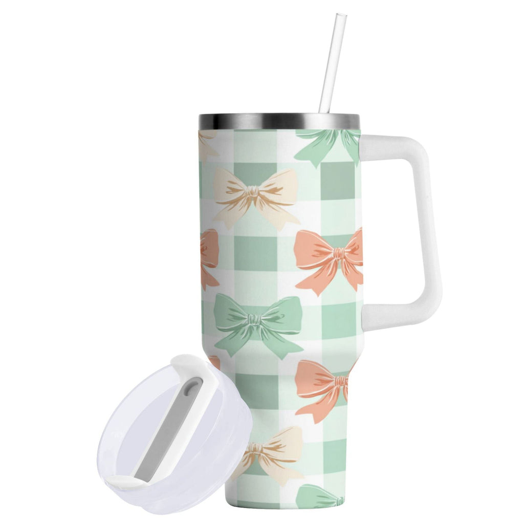 40 oz Insulated Stainless Steel Tumbler Double Wall Stainless Steel Tumbler with 2-Way Drinking Green and Peach Bow Pattern - A16O