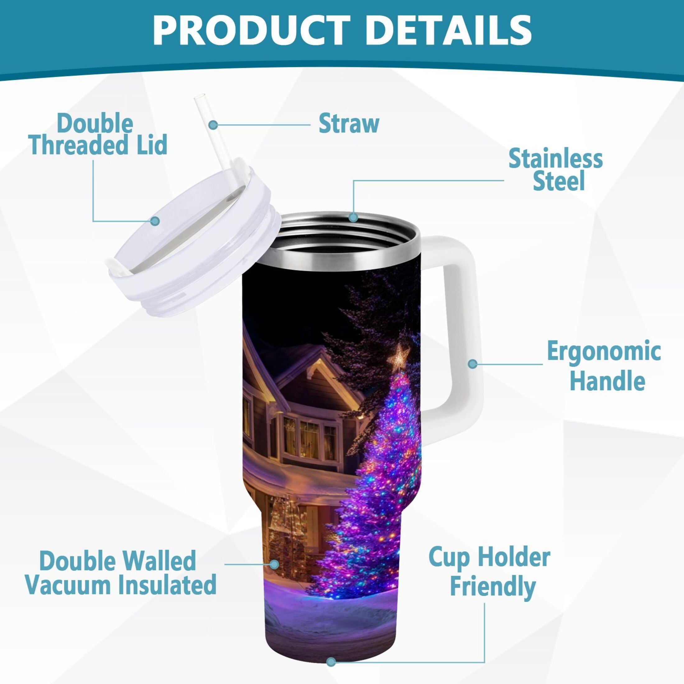 40 oz Insulated Stainless Steel Tumbler Double Wall Stainless Steel Tumbler with 2-Way Drinking Christmas Trees with Lights - 255A