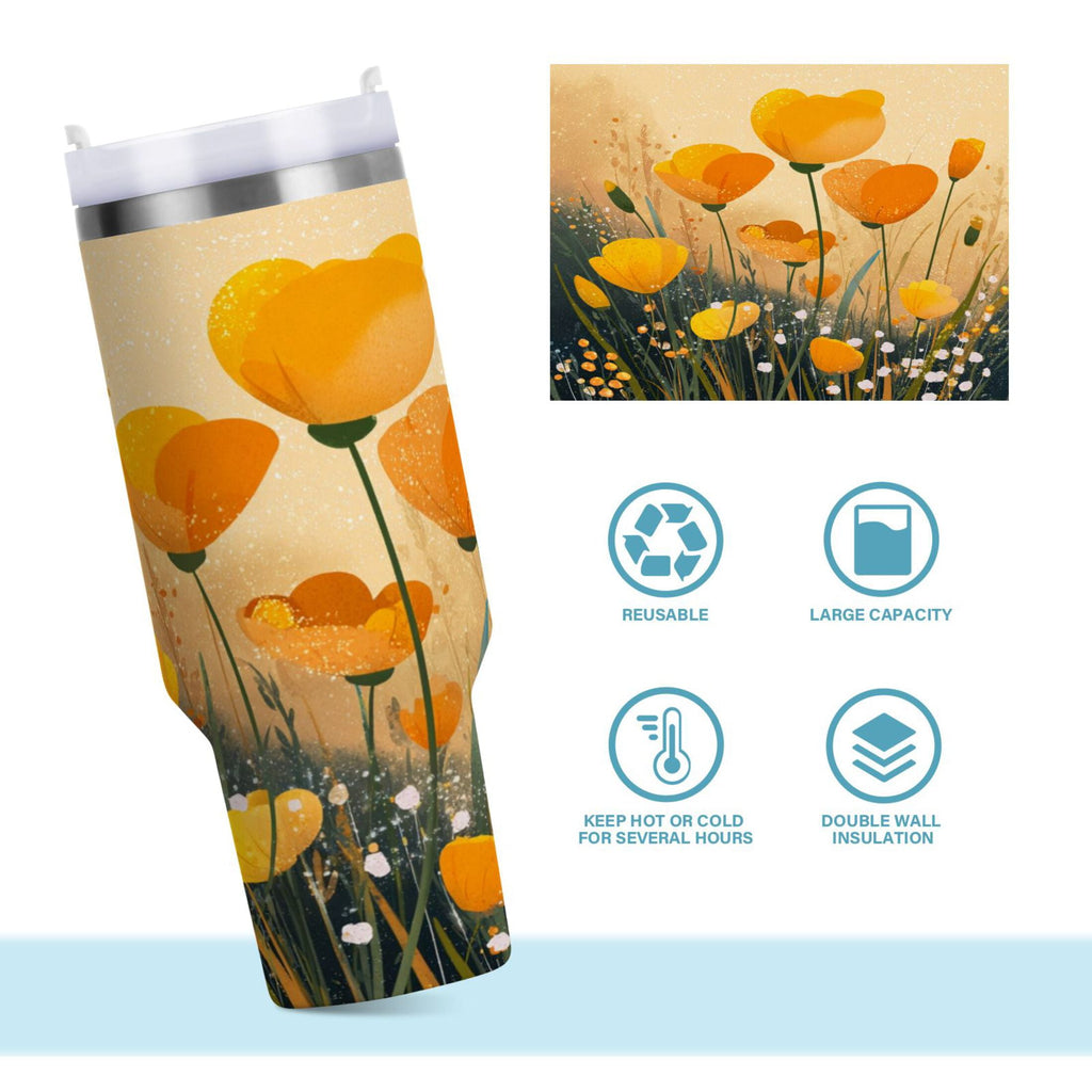 30 oz Insulated Stainless Steel Tumbler Double Wall Stainless Steel Tumbler with 2-Way Drinking Yellow Flowers on The Grass - B2XW