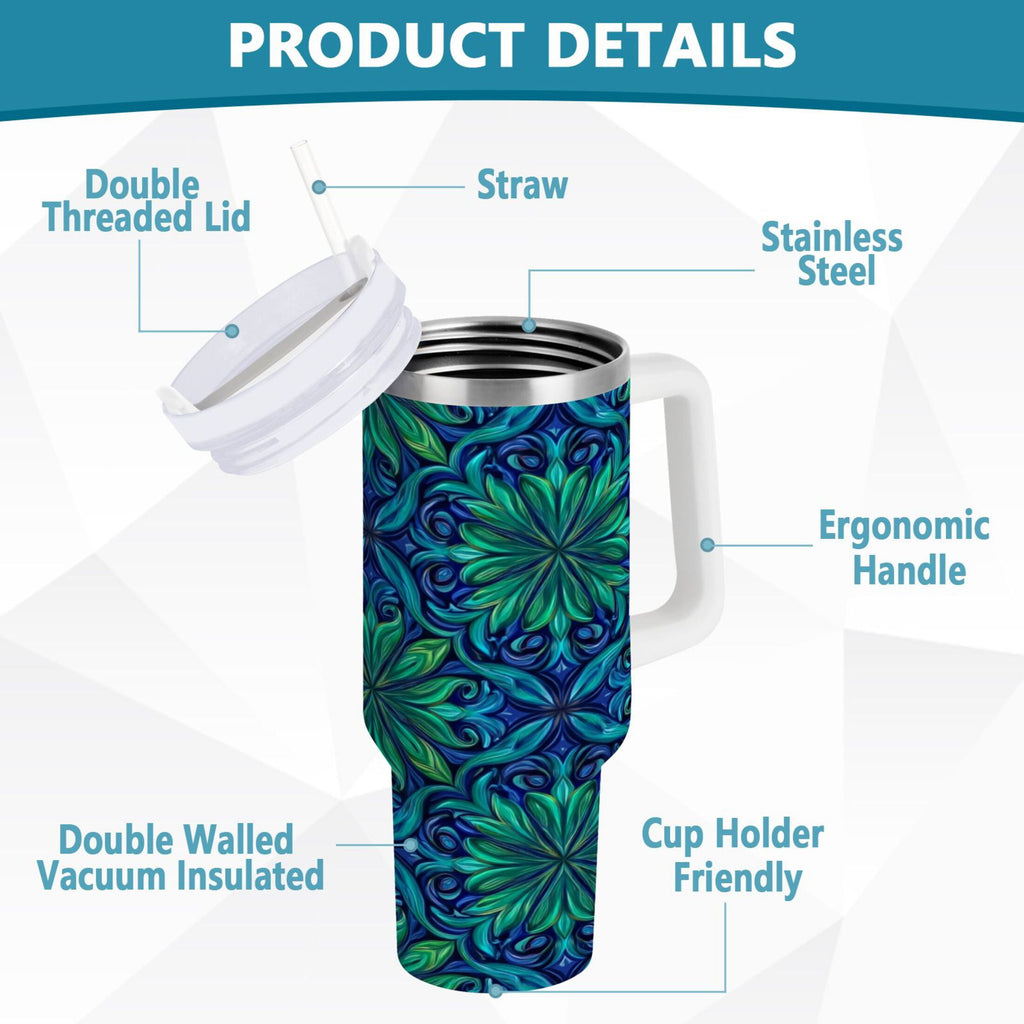 40 oz Insulated Stainless Steel Tumbler Double Wall Stainless Steel Tumbler with 2-Way Drinking Elegant Blue Traditional Patterns - VPY3