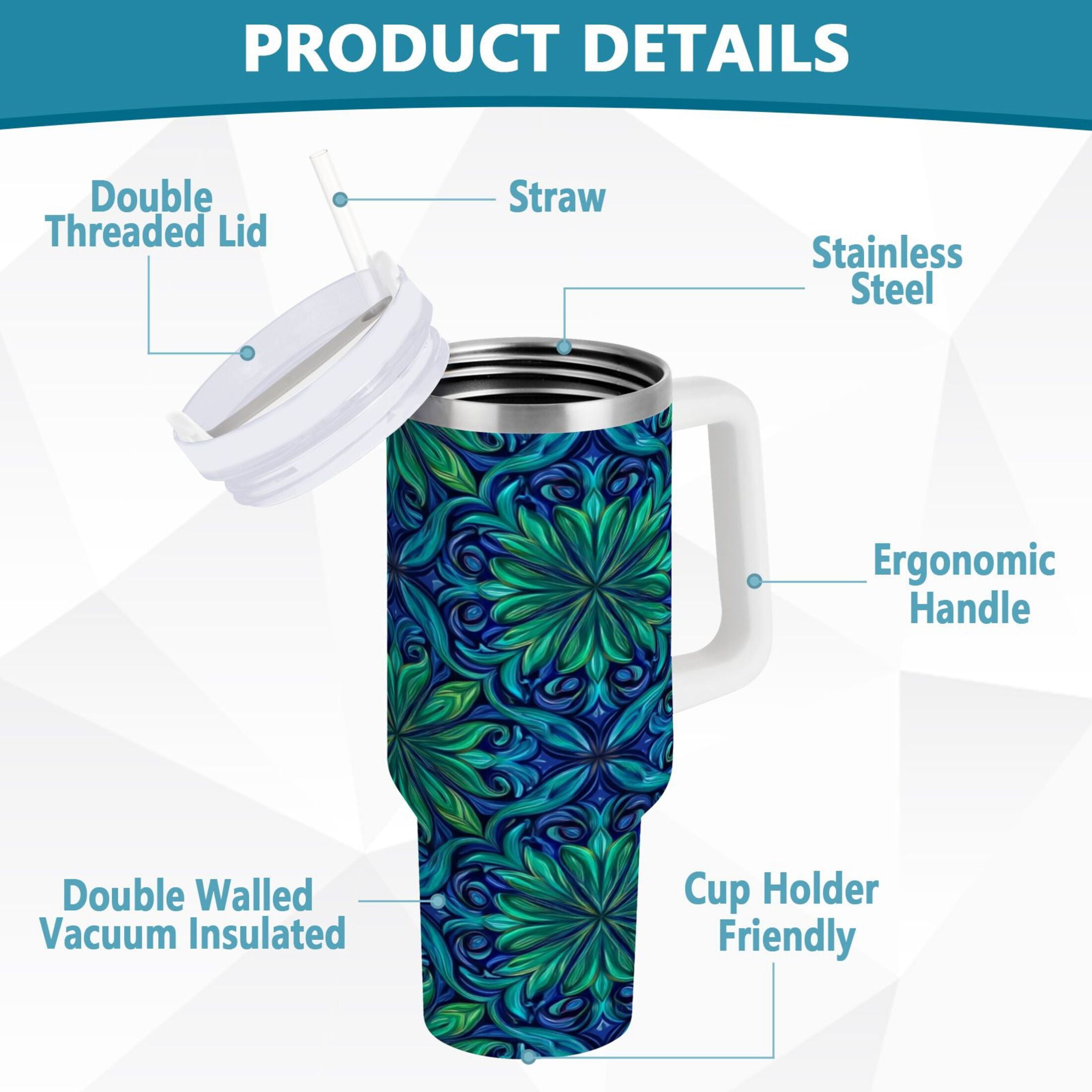 40 oz Insulated Stainless Steel Tumbler Double Wall Stainless Steel Tumbler with 2-Way Drinking Elegant Blue Traditional Patterns - VPY3