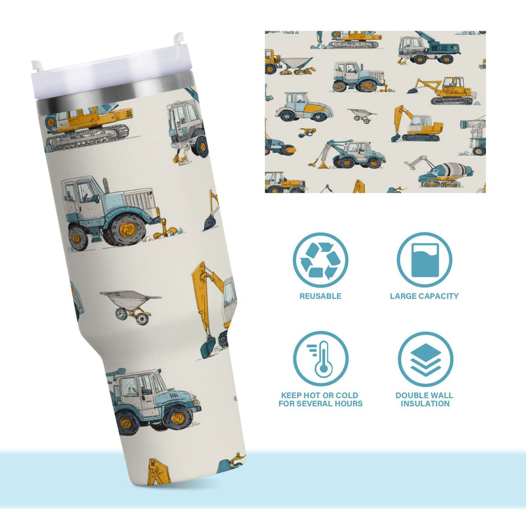 30 oz Insulated Stainless Steel Tumbler Double Wall Stainless Steel Tumbler with 2-Way Drinking Engineering Vehicle Pattern - 5GC0