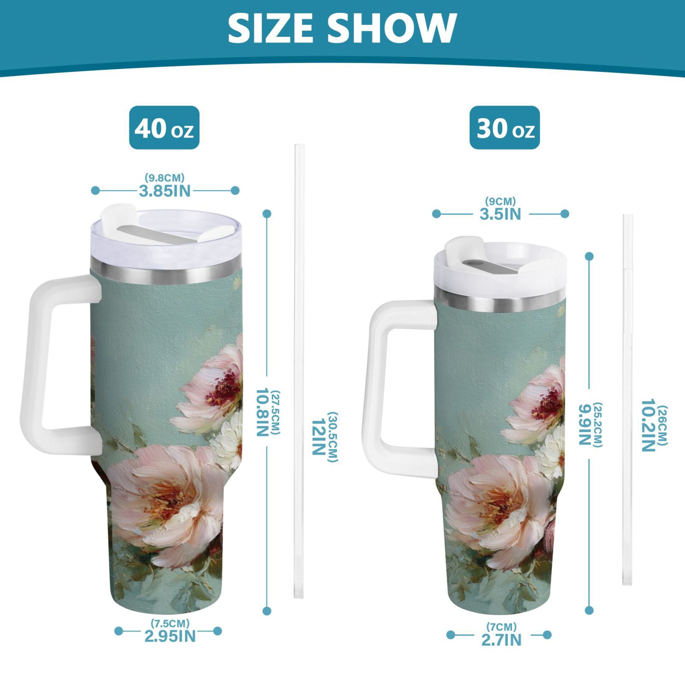 40 oz Insulated Stainless Steel Tumbler Double Wall Stainless Steel Tumbler with 2-Way Drinking Vintage Peonies and Daisies - 6235