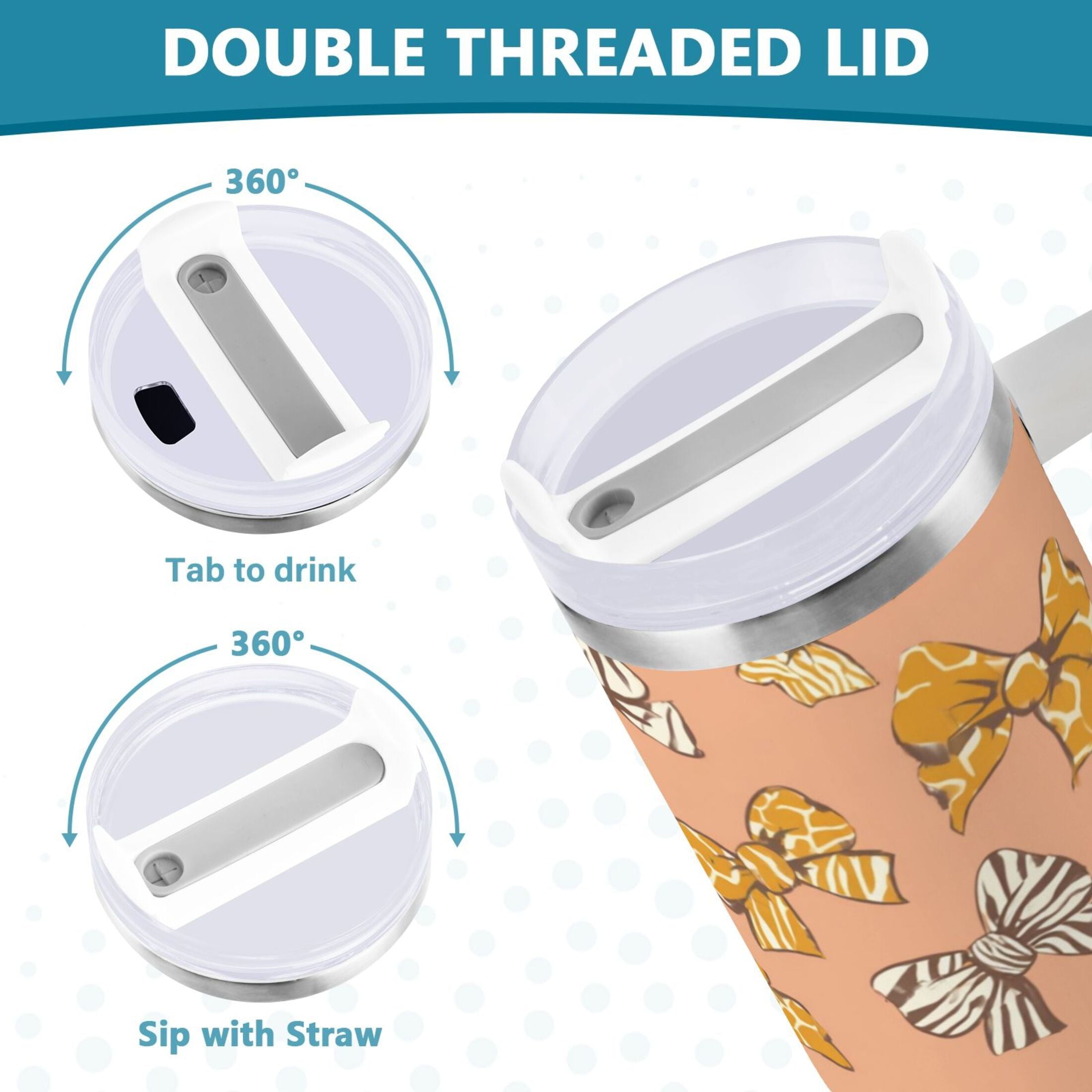 40 oz Insulated Stainless Steel Tumbler Double Wall Stainless Steel Tumbler with 2-Way Drinking Cute Animal Print Bows - BNHY