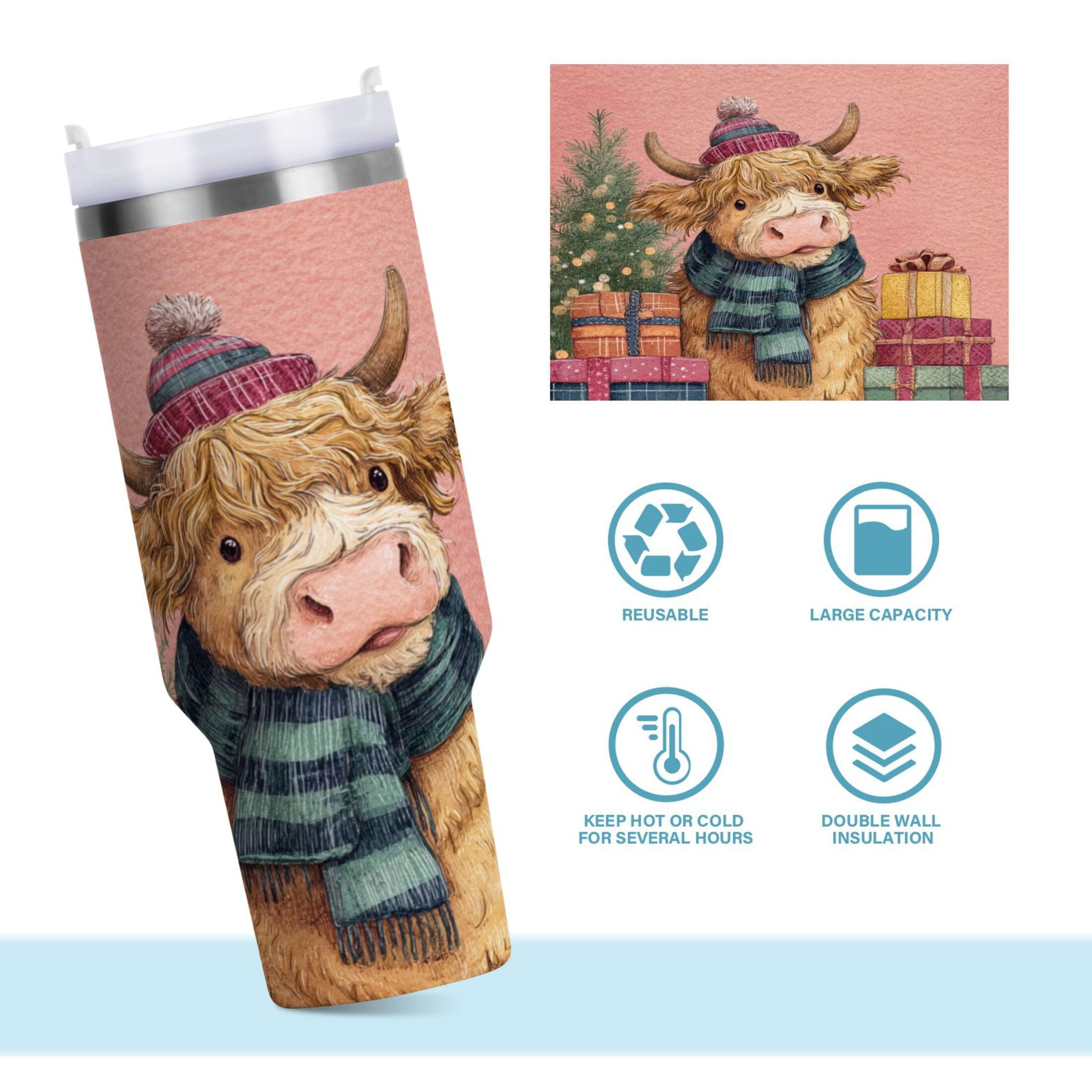 30 oz Insulated Stainless Steel Tumbler Double Wall Stainless Steel Tumbler with 2-Way Drinking Cow Wearing Scarf and Hat - AI5P