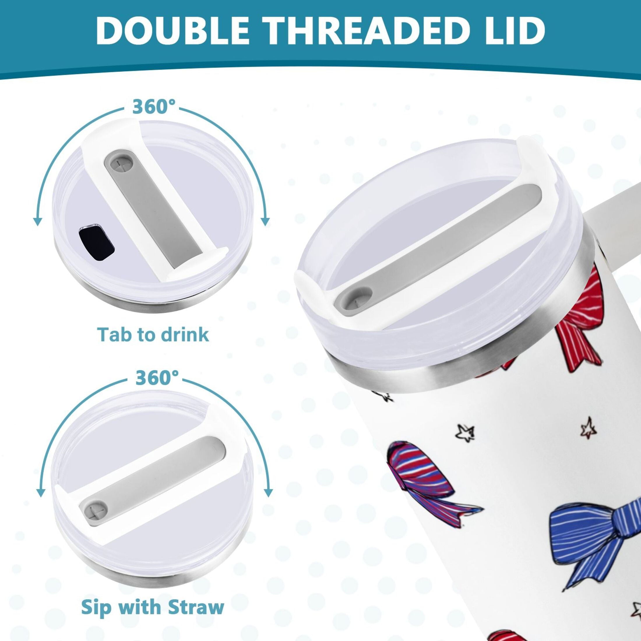 30 oz Insulated Stainless Steel Tumbler Double Wall Stainless Steel Tumbler with 2-Way Drinking Red and Blue Stripe Bows - 1GWC