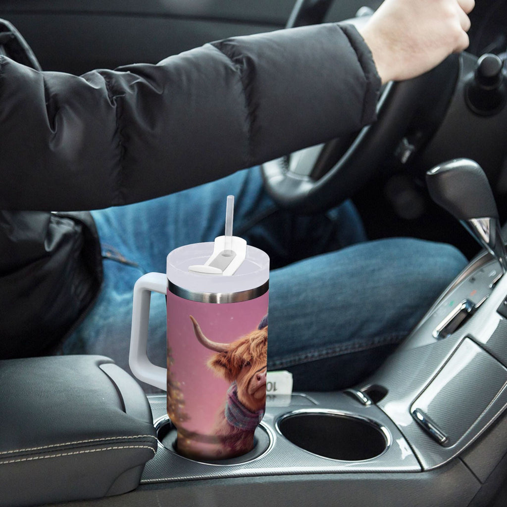 30 oz Insulated Stainless Steel Tumbler Double Wall Stainless Steel Tumbler with 2-Way Drinking Cow Wearing Christmas - U7DI