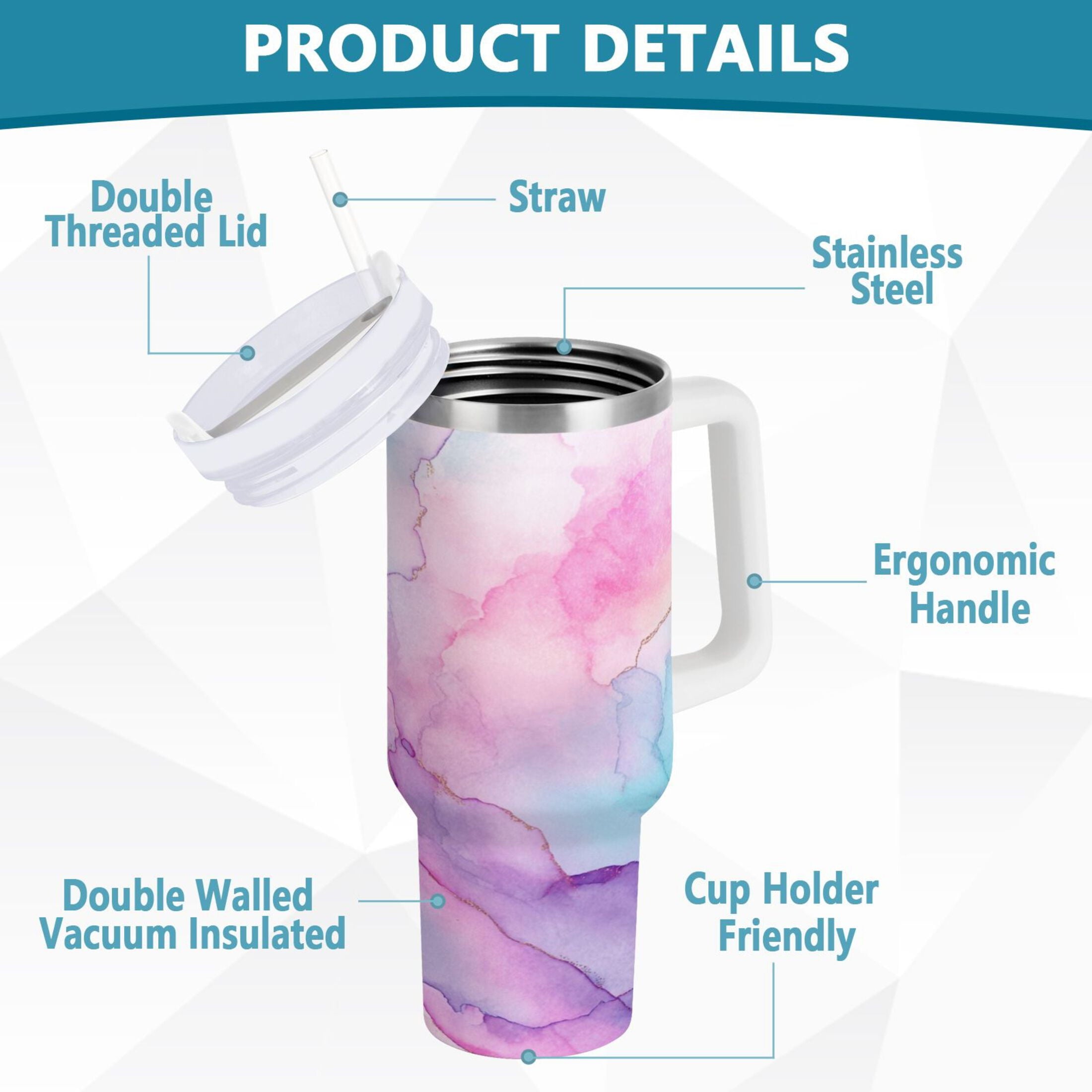 30 oz Insulated Stainless Steel Tumbler Double Wall Stainless Steel Tumbler with 2-Way Drinking Pastel Pink Marble Texture - TAFF