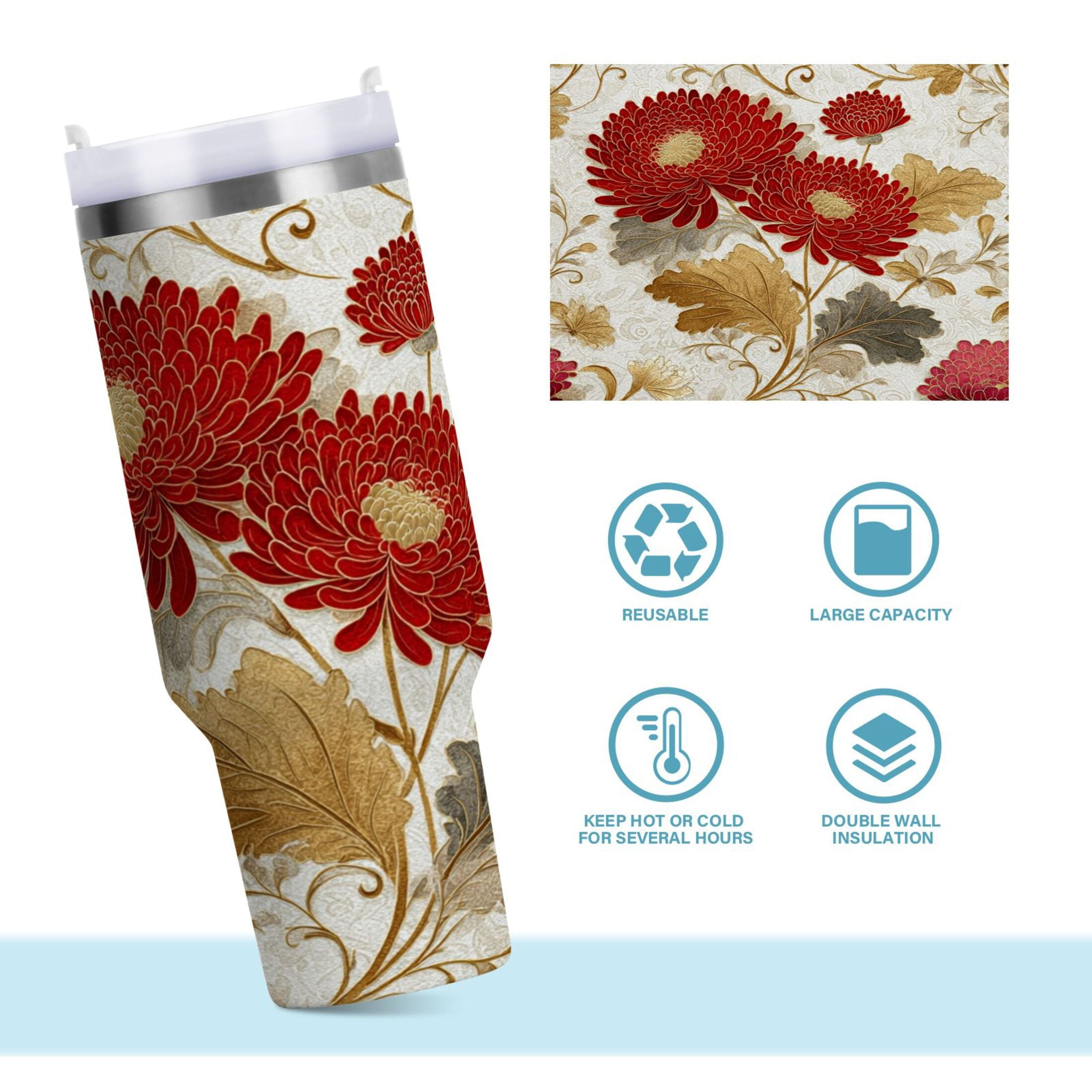 30 oz Insulated Stainless Steel Tumbler Double Wall Stainless Steel Tumbler with 2-Way Drinking Red Chrysanthemum Pattern - BLDC