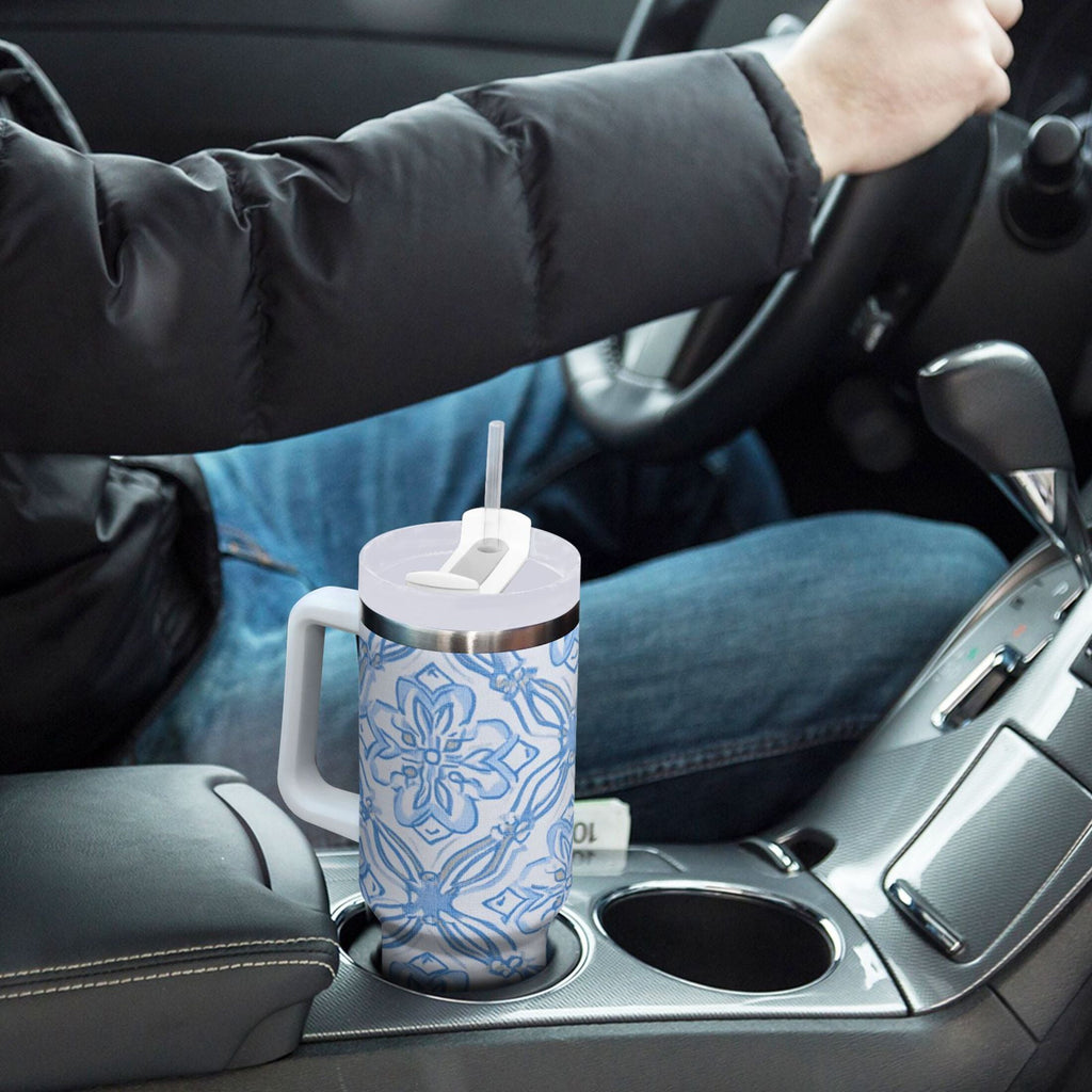 30 oz Insulated Stainless Steel Tumbler Double Wall Stainless Steel Tumbler with 2-Way Drinking Blue Elegant Geometric Design - 789V