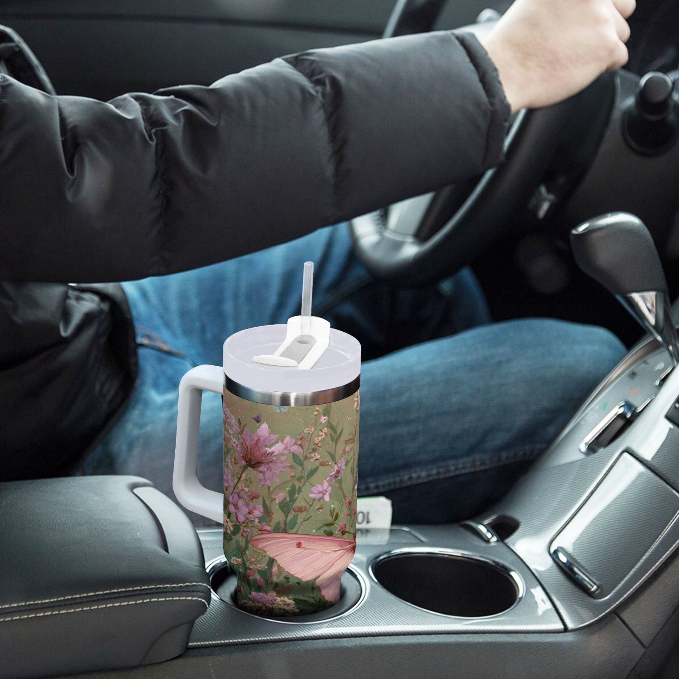 30 oz Insulated Stainless Steel Tumbler Double Wall Stainless Steel Tumbler with 2-Way Drinking Delicate Butterfly - 1QYP