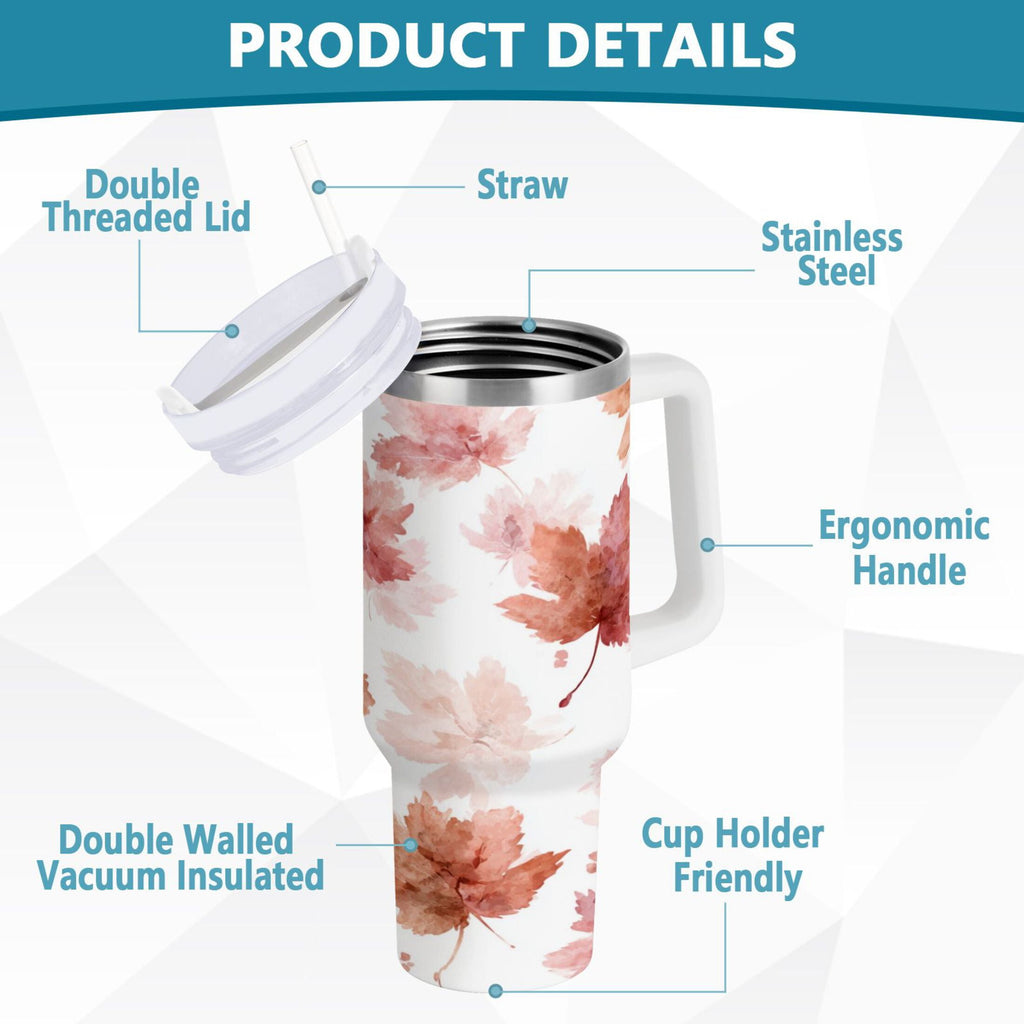 30 oz Insulated Stainless Steel Tumbler Double Wall Stainless Steel Tumbler with 2-Way Drinking Watercolor Pink Maple Leaves - ECBB