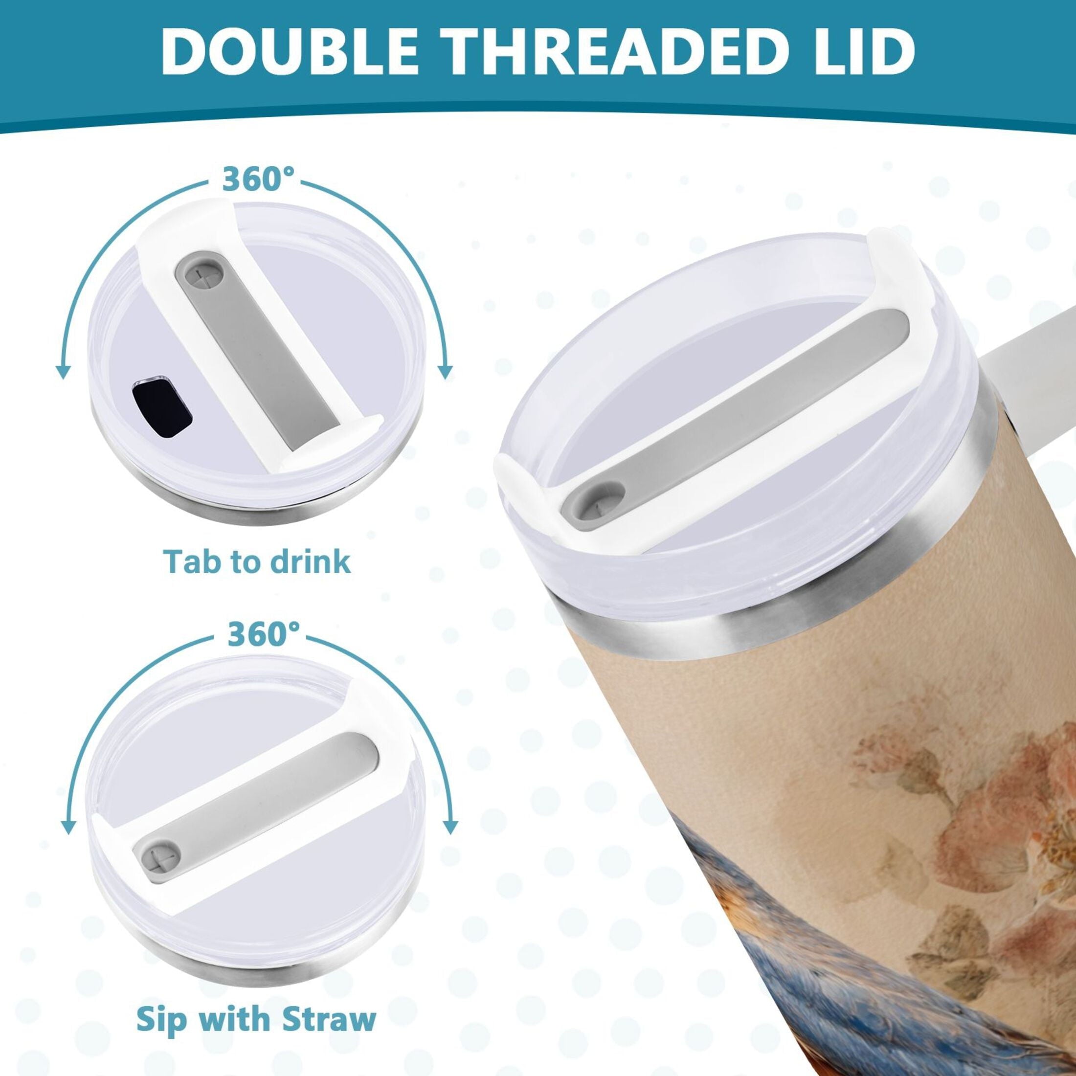 40 oz Insulated Stainless Steel Tumbler Double Wall Stainless Steel Tumbler with 2-Way Drinking Bluebird and Ancient Flowers - TNYY