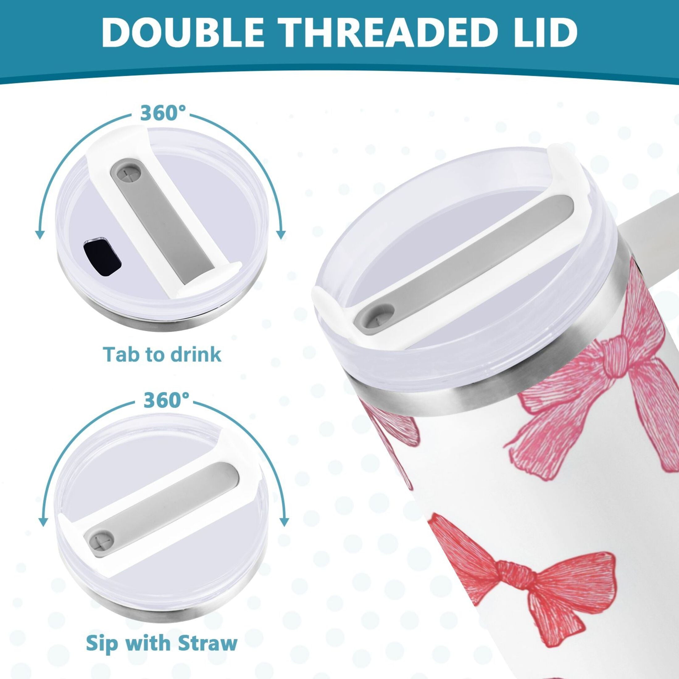 40 oz Insulated Stainless Steel Tumbler Double Wall Stainless Steel Tumbler with 2-Way Drinking Pink Bows Pattern - L9C5