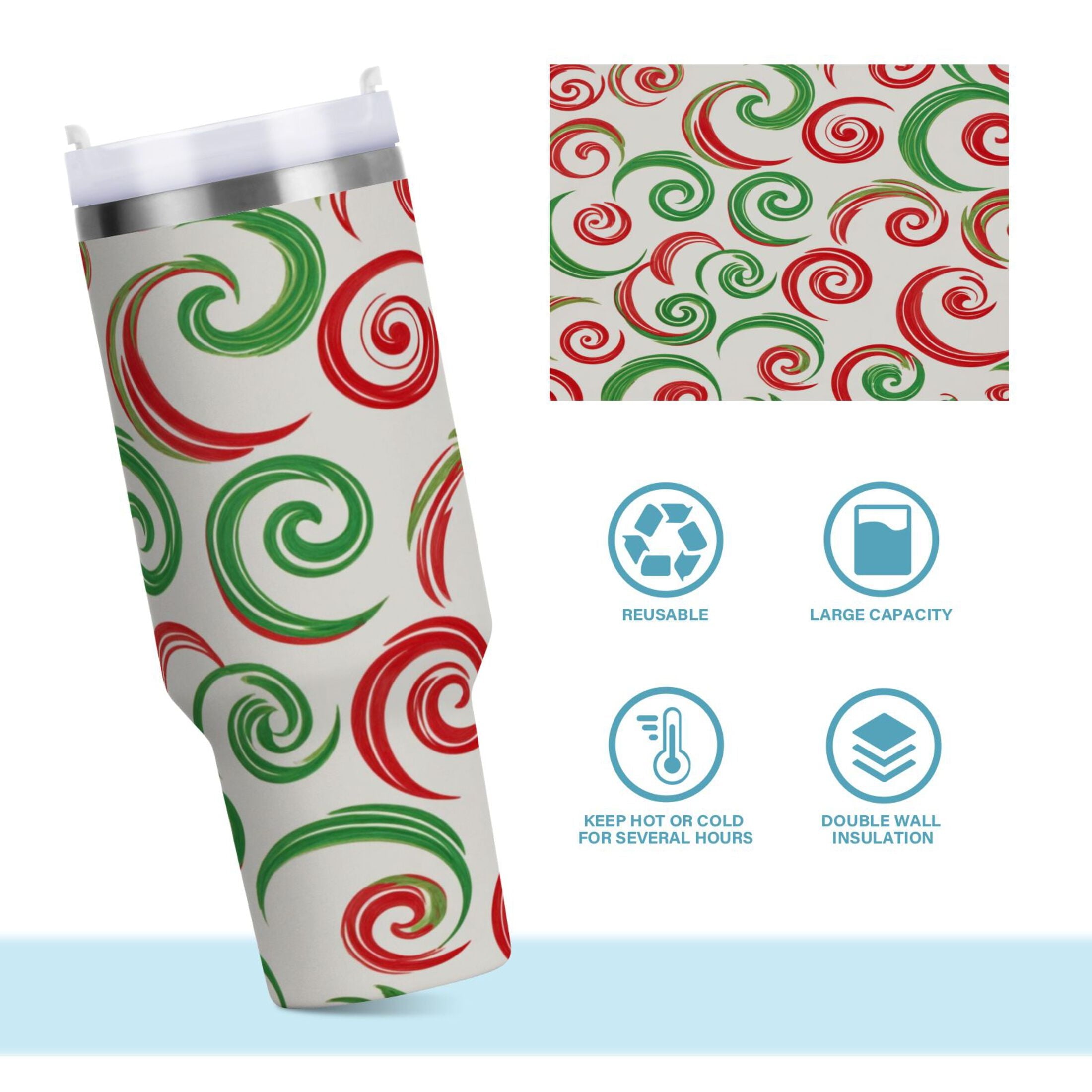 40 oz Insulated Stainless Steel Tumbler Double Wall Stainless Steel Tumbler with 2-Way Drinking Red and Green Swirls - D6DI