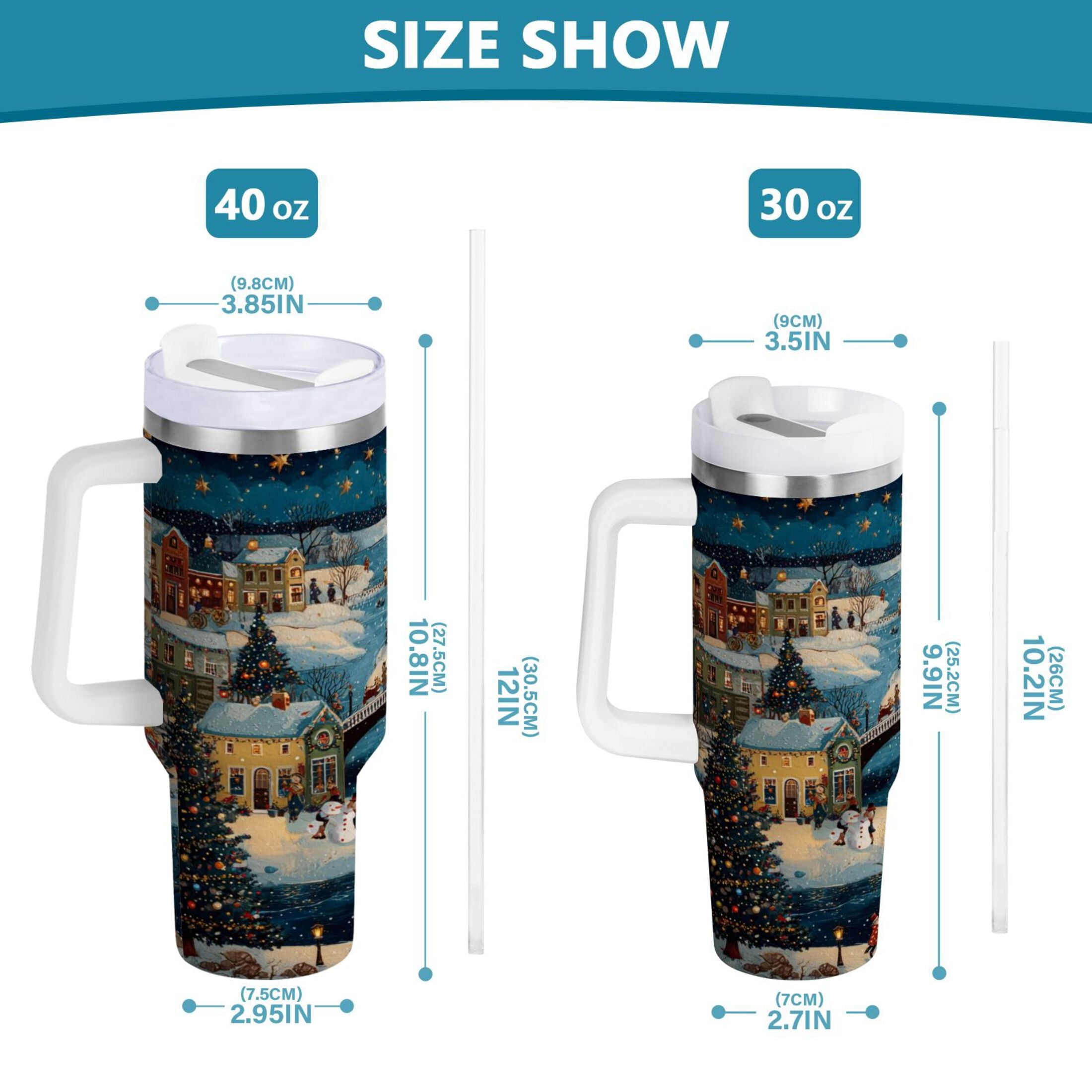 30 oz Insulated Stainless Steel Tumbler Double Wall Stainless Steel Tumbler with 2-Way Drinking Whimsical Christmas Scene - D5MM