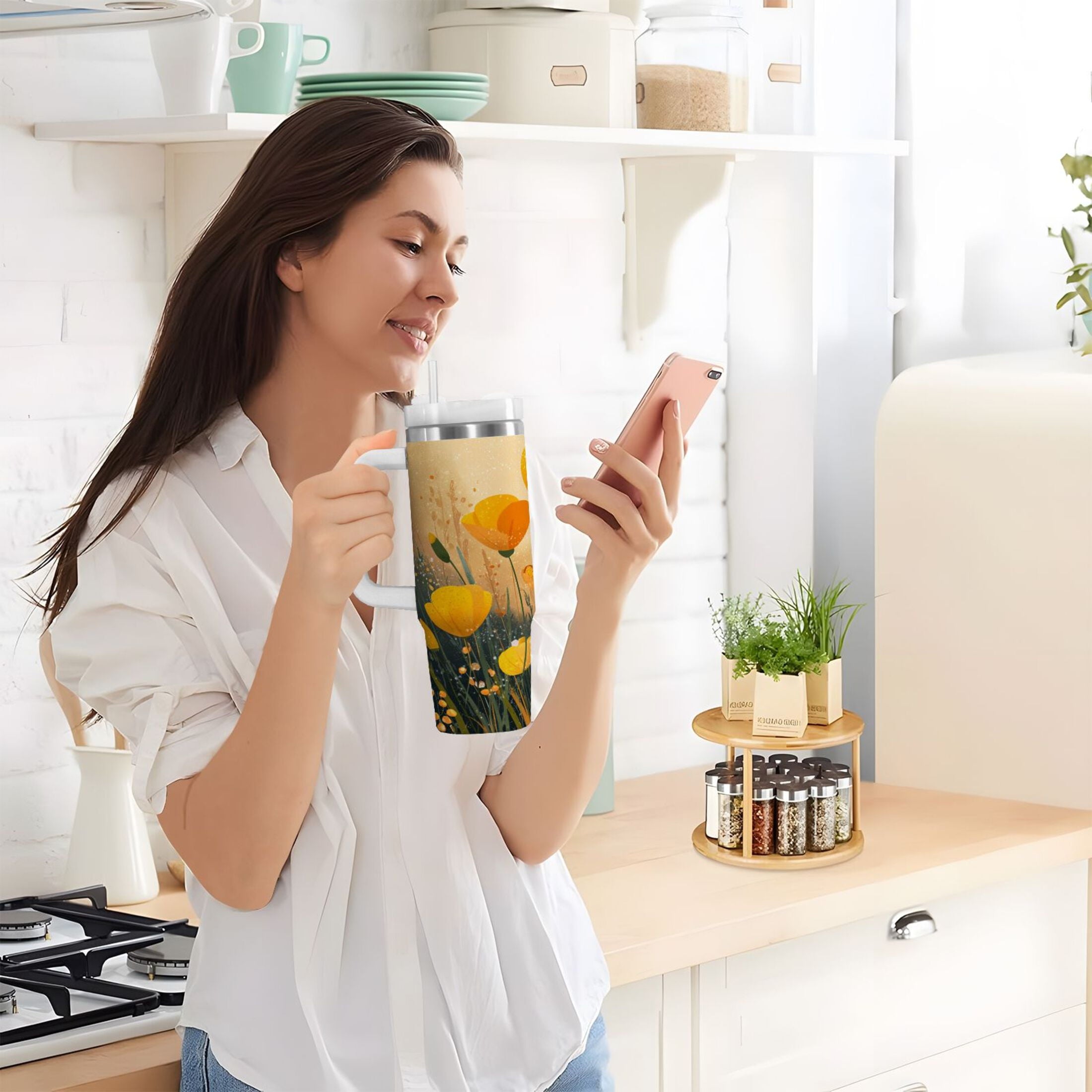 30 oz Insulated Stainless Steel Tumbler Double Wall Stainless Steel Tumbler with 2-Way Drinking Yellow Flowers on The Grass - B2XW