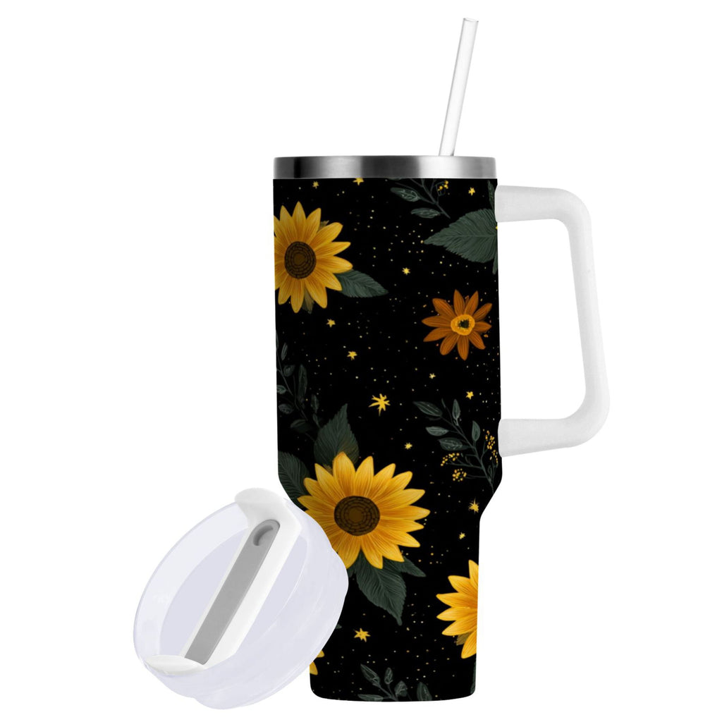 30 oz Insulated Stainless Steel Tumbler Double Wall Stainless Steel Tumbler with 2-Way Drinking Yellow Sunflower Pattern - REZR
