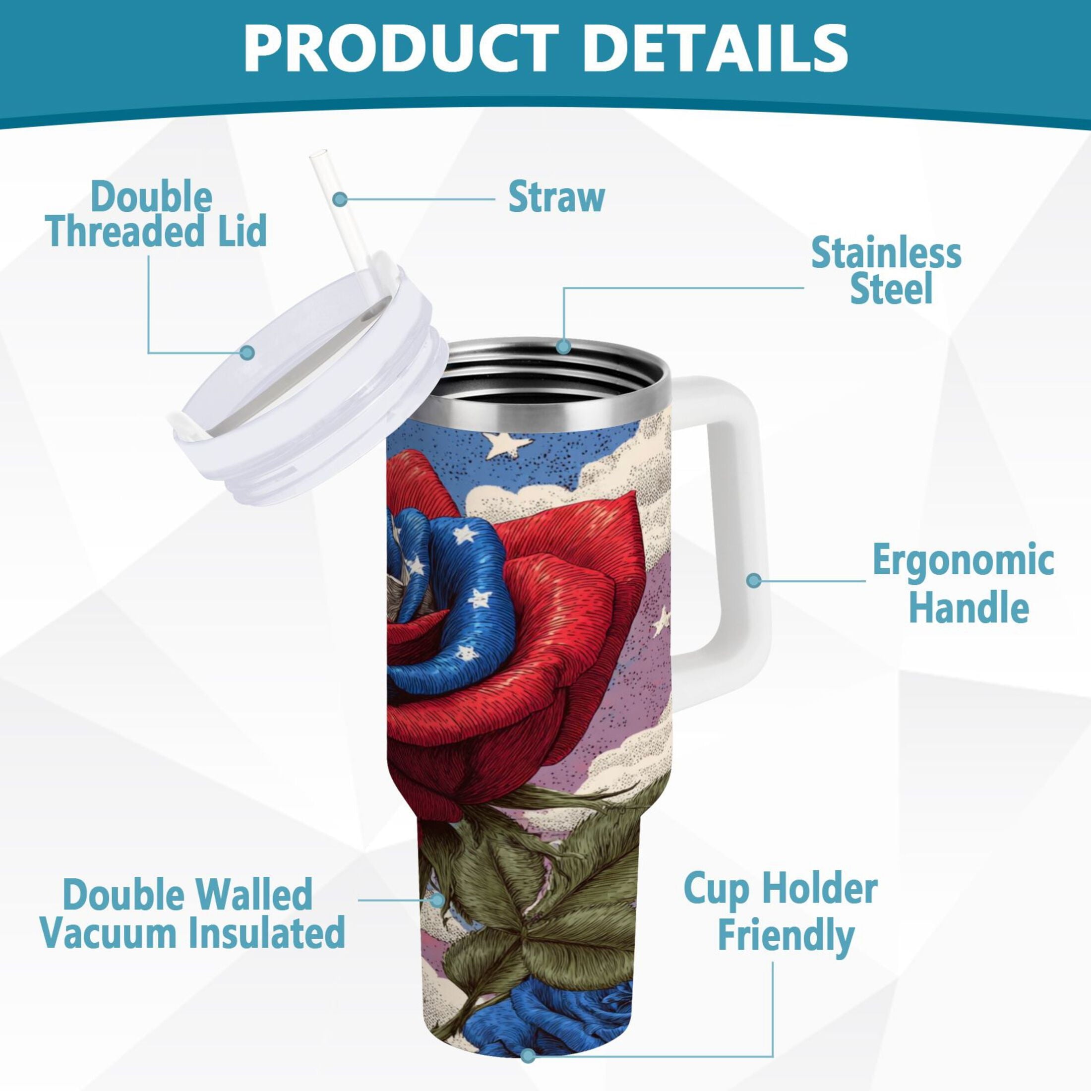 40 oz Insulated Stainless Steel Tumbler Double Wall Stainless Steel Tumbler with 2-Way Drinking Roses and Clouds - AUEJ