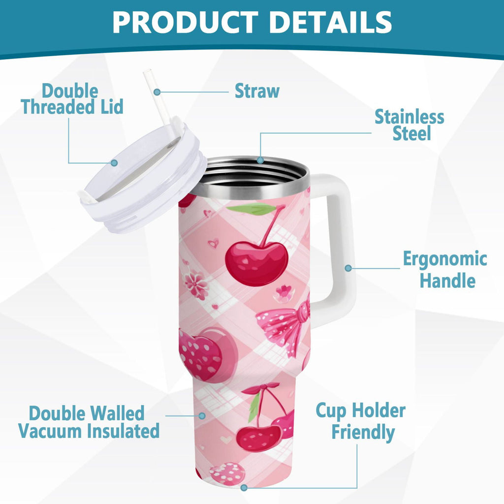 30 oz Insulated Stainless Steel Tumbler Double Wall Stainless Steel Tumbler with 2-Way Drinking Cherry and Pink Bow Pattern - GF7C