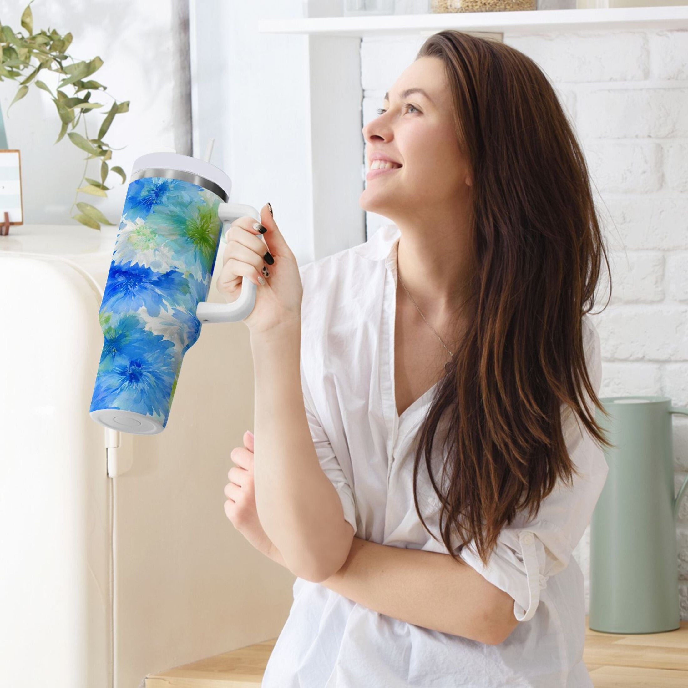 40 oz Insulated Stainless Steel Tumbler Double Wall Stainless Steel Tumbler with 2-Way Drinking Watercolor Blue Cornflowers - C472