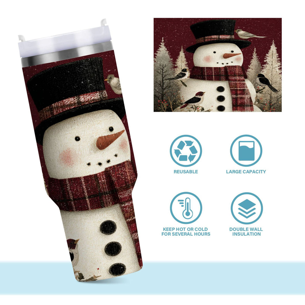 30 oz Insulated Stainless Steel Tumbler Double Wall Stainless Steel Tumbler with 2-Way Drinking Snowman and Birds - 7QXZ