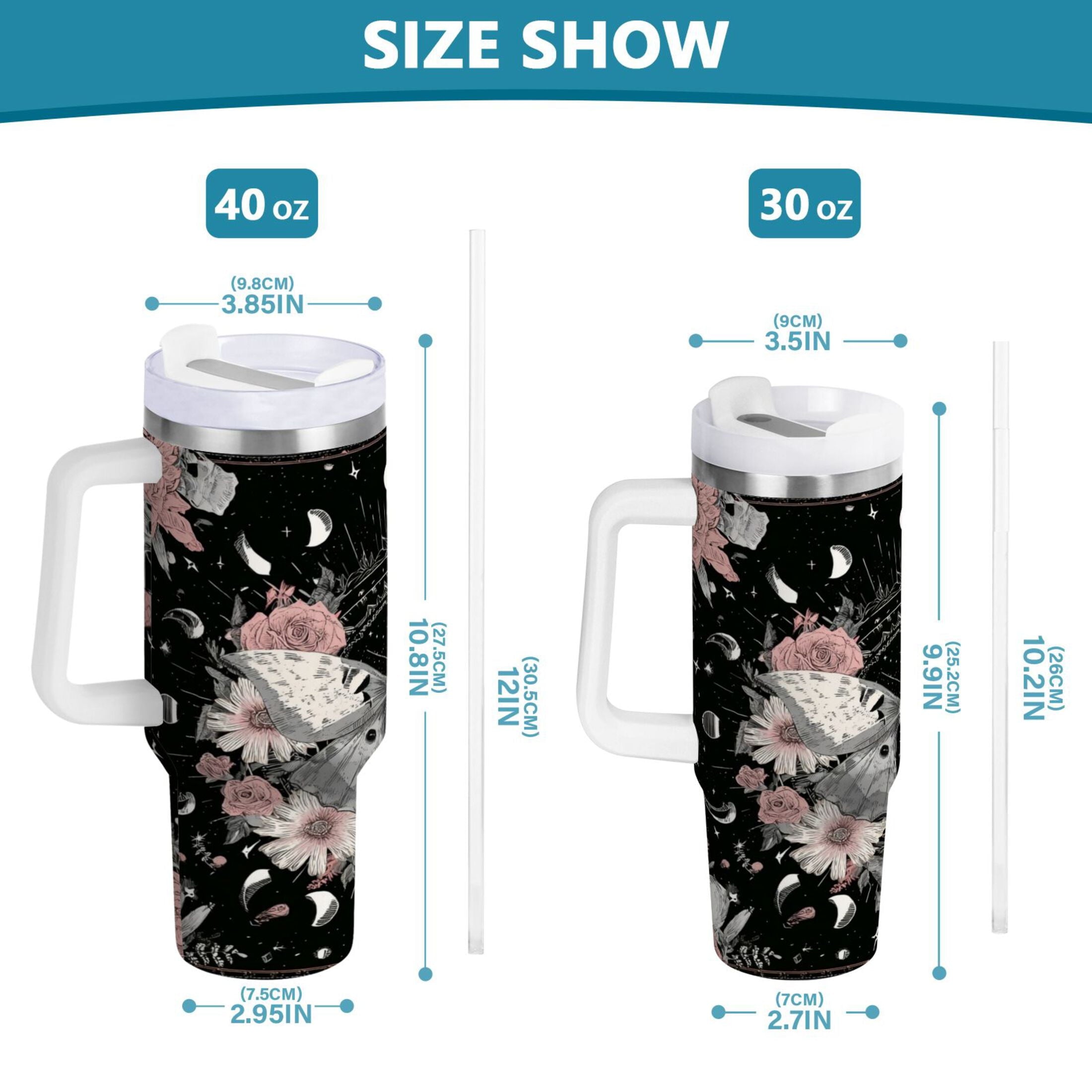40 oz Insulated Stainless Steel Tumbler Double Wall Stainless Steel Tumbler with 2-Way Drinking Butterfly Surrounded by Flowers - Z957