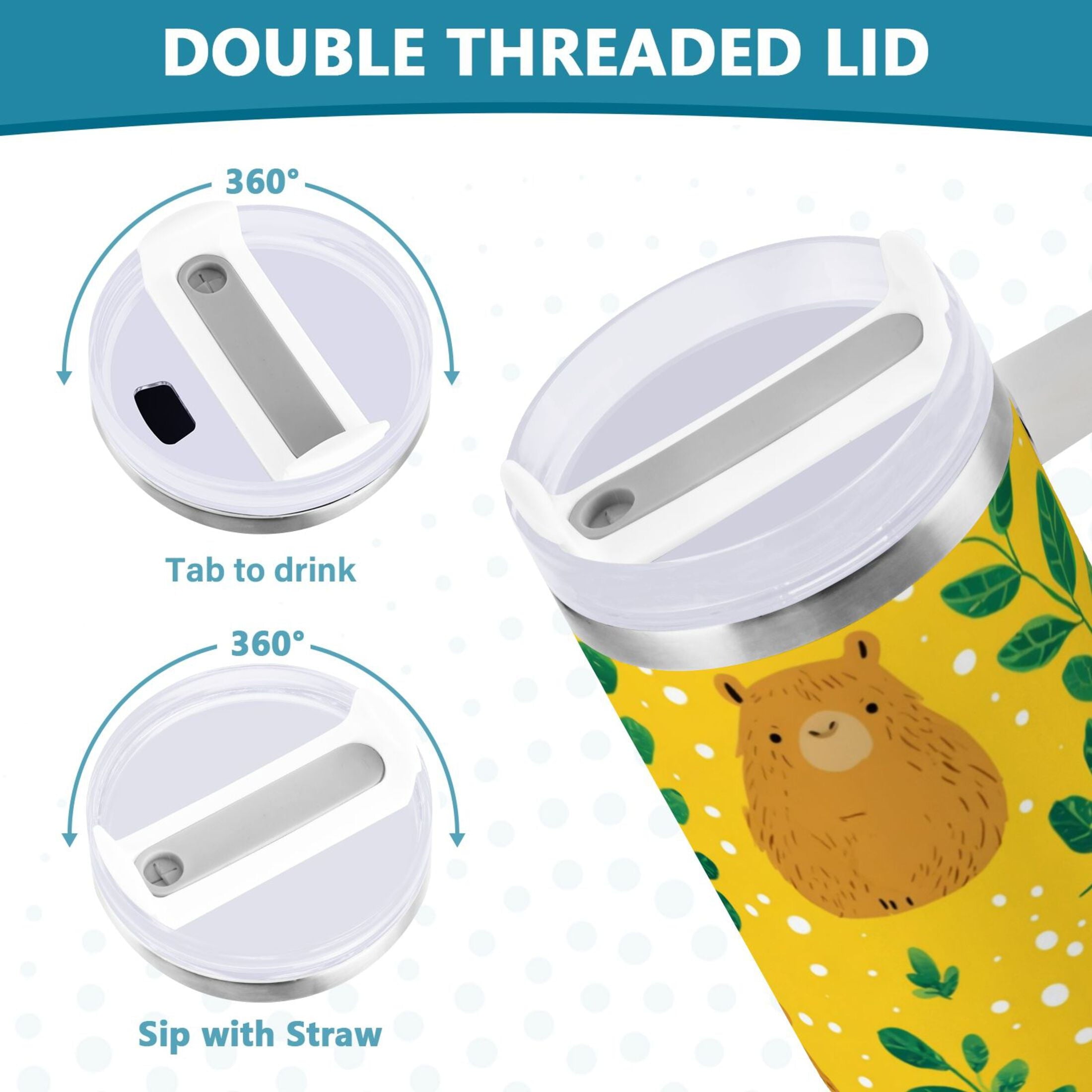 30 oz Insulated Stainless Steel Tumbler Double Wall Stainless Steel Tumbler with 2-Way Drinking Capybara and Green Leaves - 6K7W