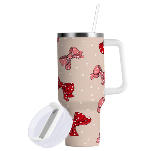 30 oz Insulated Stainless Steel Tumbler Double Wall Stainless Steel Tumbler with 2-Way Drinking Cute Red Bows Pattern - 7WO6