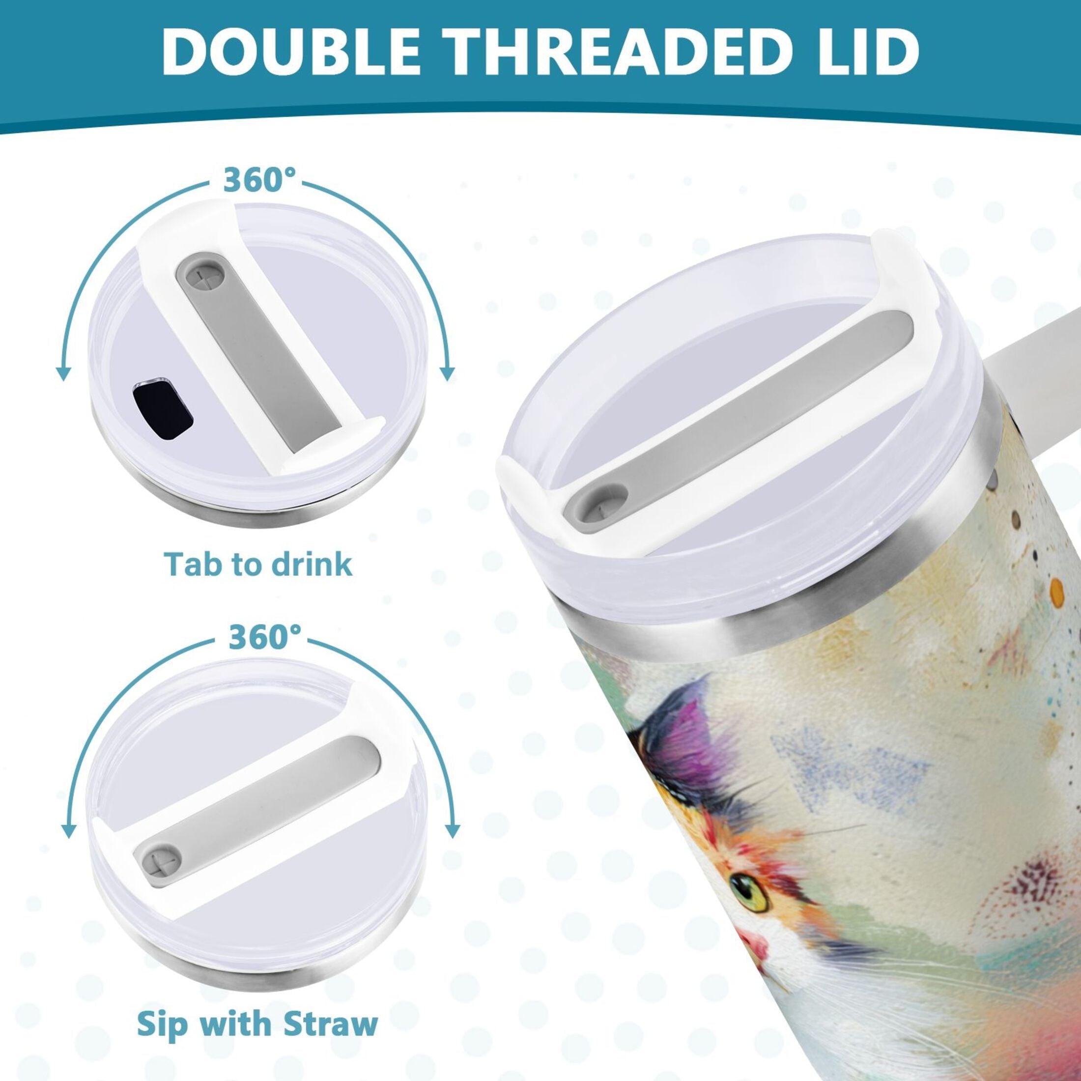 30 oz Insulated Stainless Steel Tumbler Double Wall Stainless Steel Tumbler with 2-Way Drinking Charming Hairy Cat - 7DUD