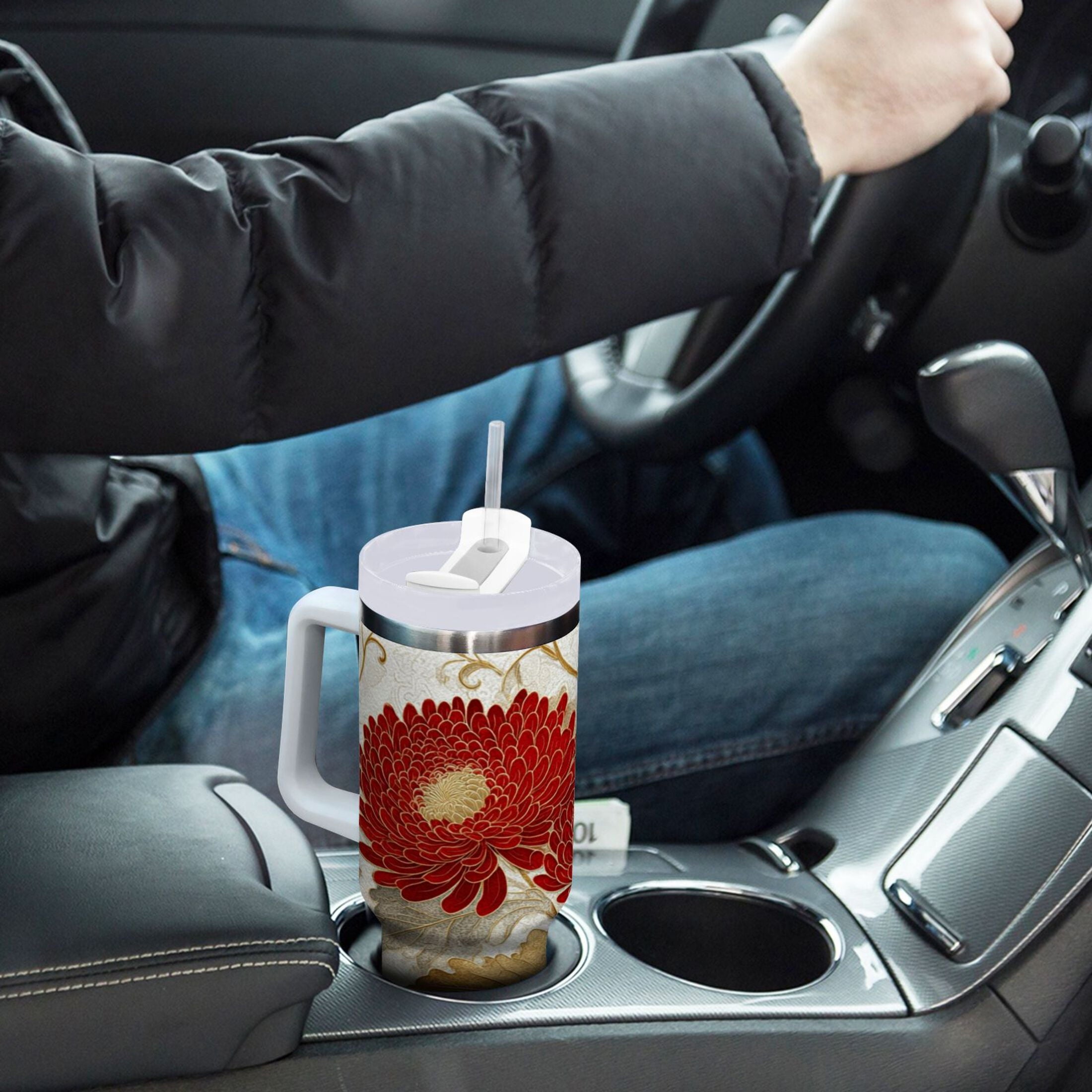30 oz Insulated Stainless Steel Tumbler Double Wall Stainless Steel Tumbler with 2-Way Drinking Red Chrysanthemum Pattern - BLDC