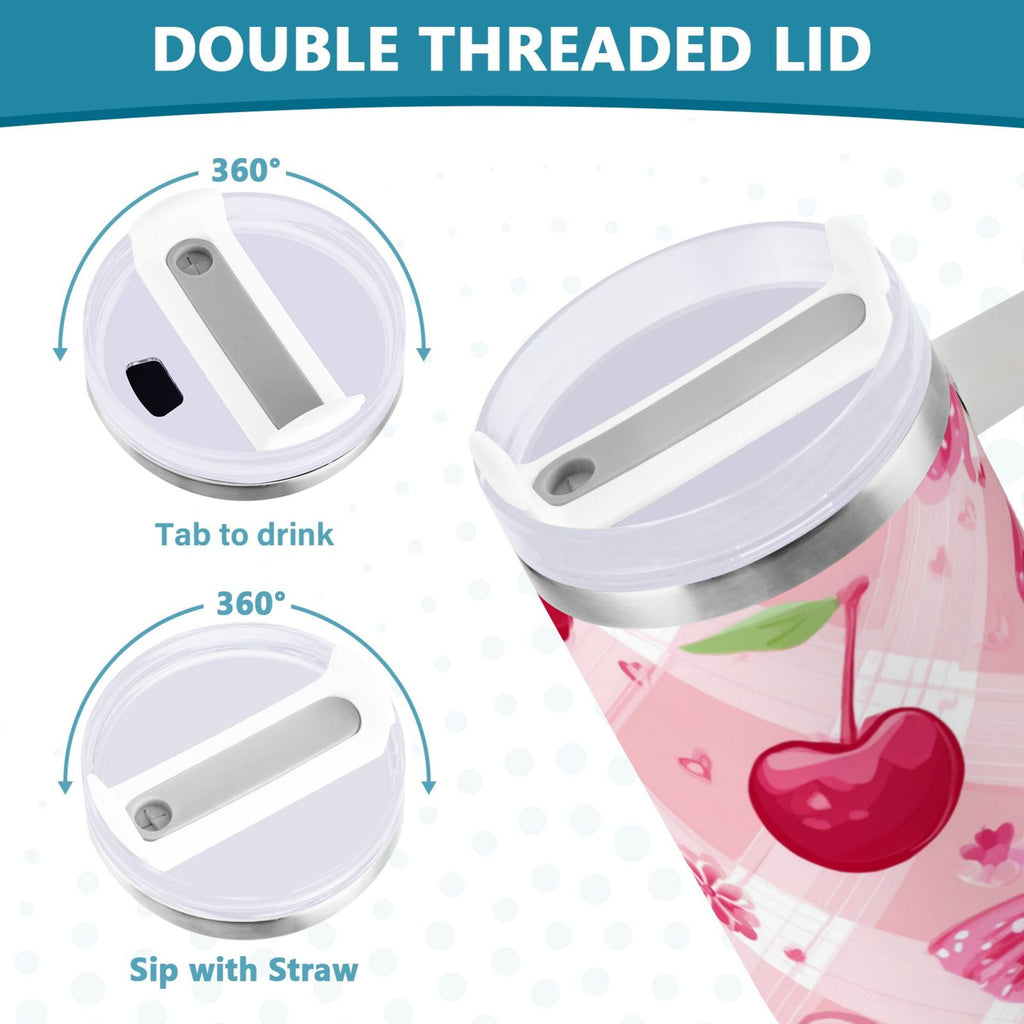 30 oz Insulated Stainless Steel Tumbler Double Wall Stainless Steel Tumbler with 2-Way Drinking Cherry and Pink Bow Pattern - GF7C