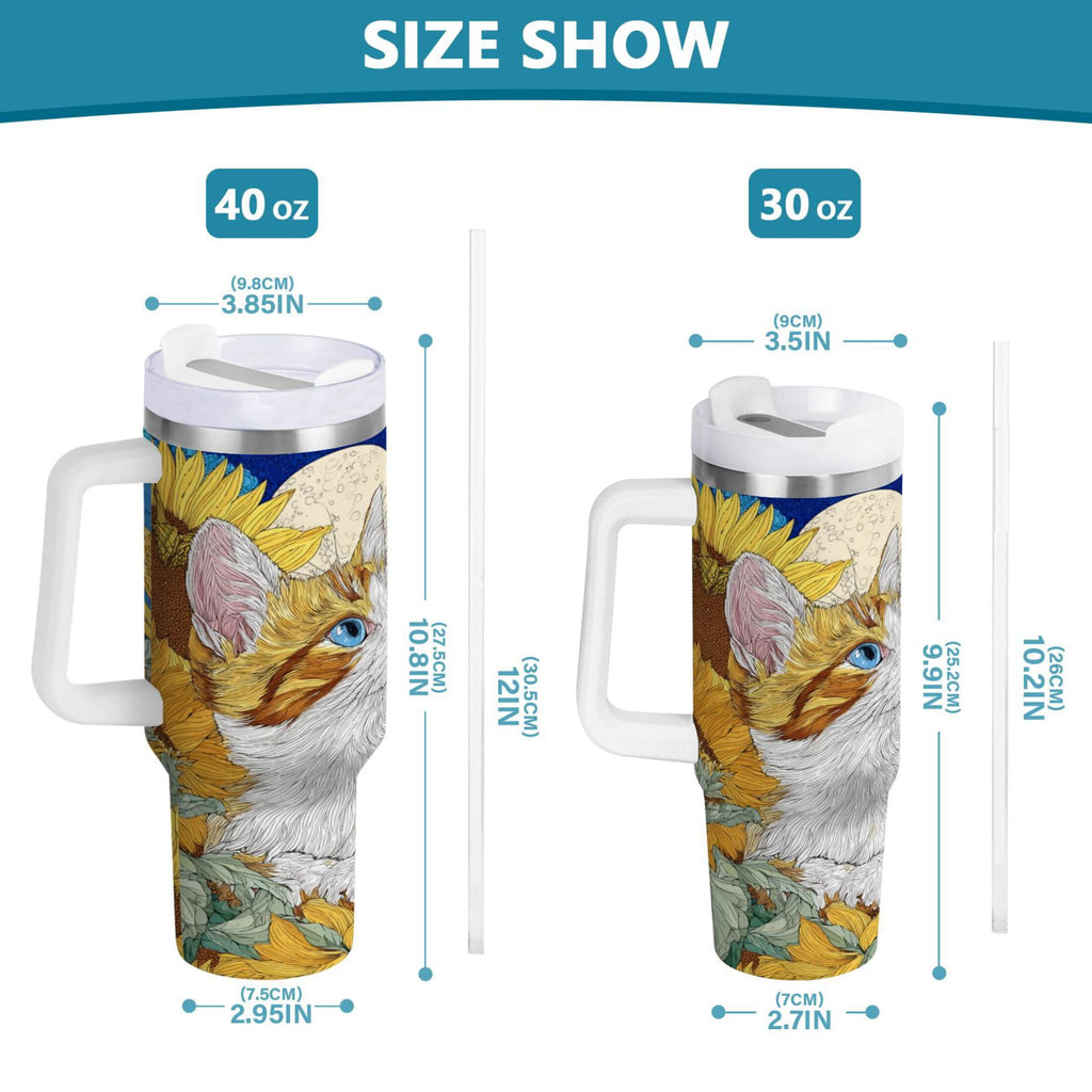 40 oz Insulated Stainless Steel Tumbler Double Wall Stainless Steel Tumbler with 2-Way Drinking Cat Lies in The Sunflowers - T6CX
