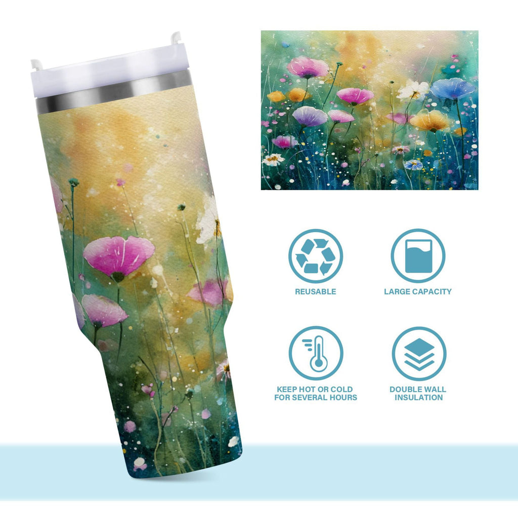 30 oz Insulated Stainless Steel Tumbler Double Wall Stainless Steel Tumbler with 2-Way Drinking Watercolor Wildflowers - 5Y1D