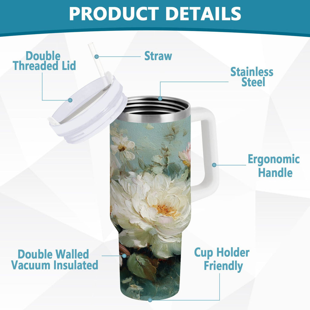 40 oz Insulated Stainless Steel Tumbler Double Wall Stainless Steel Tumbler with 2-Way Drinking Vintage Peonies and Daisies - 6235