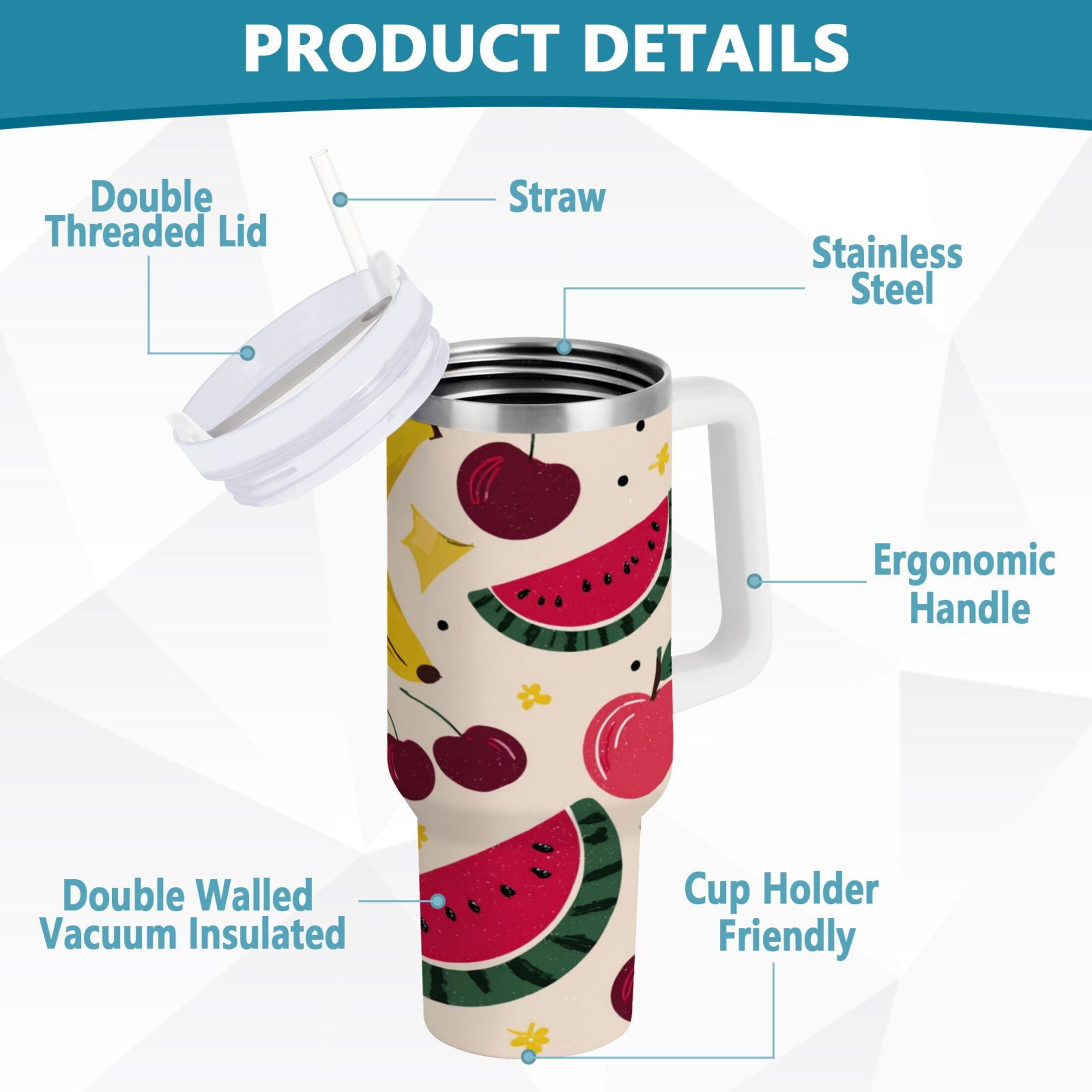 30 oz Insulated Stainless Steel Tumbler Double Wall Stainless Steel Tumbler with 2-Way Drinking Watermelon and Cherries - YK54