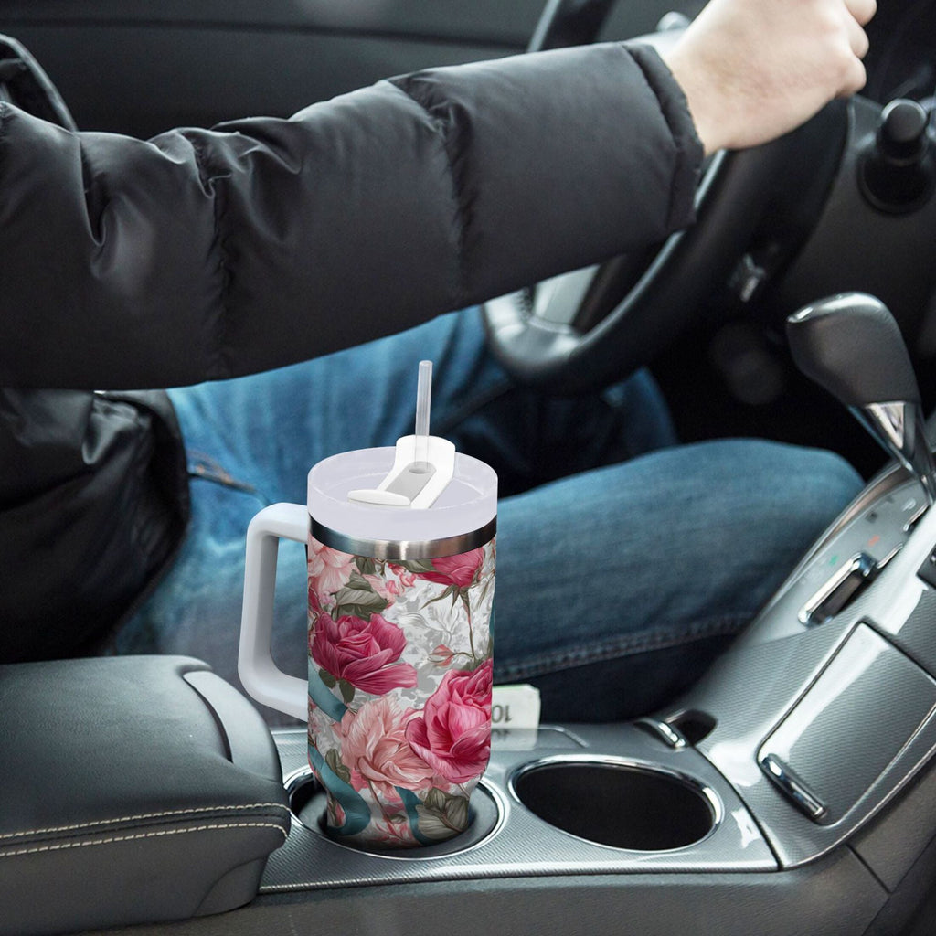 30 oz Insulated Stainless Steel Tumbler Double Wall Stainless Steel Tumbler with 2-Way Drinking Roses and Ribbons - PPEE