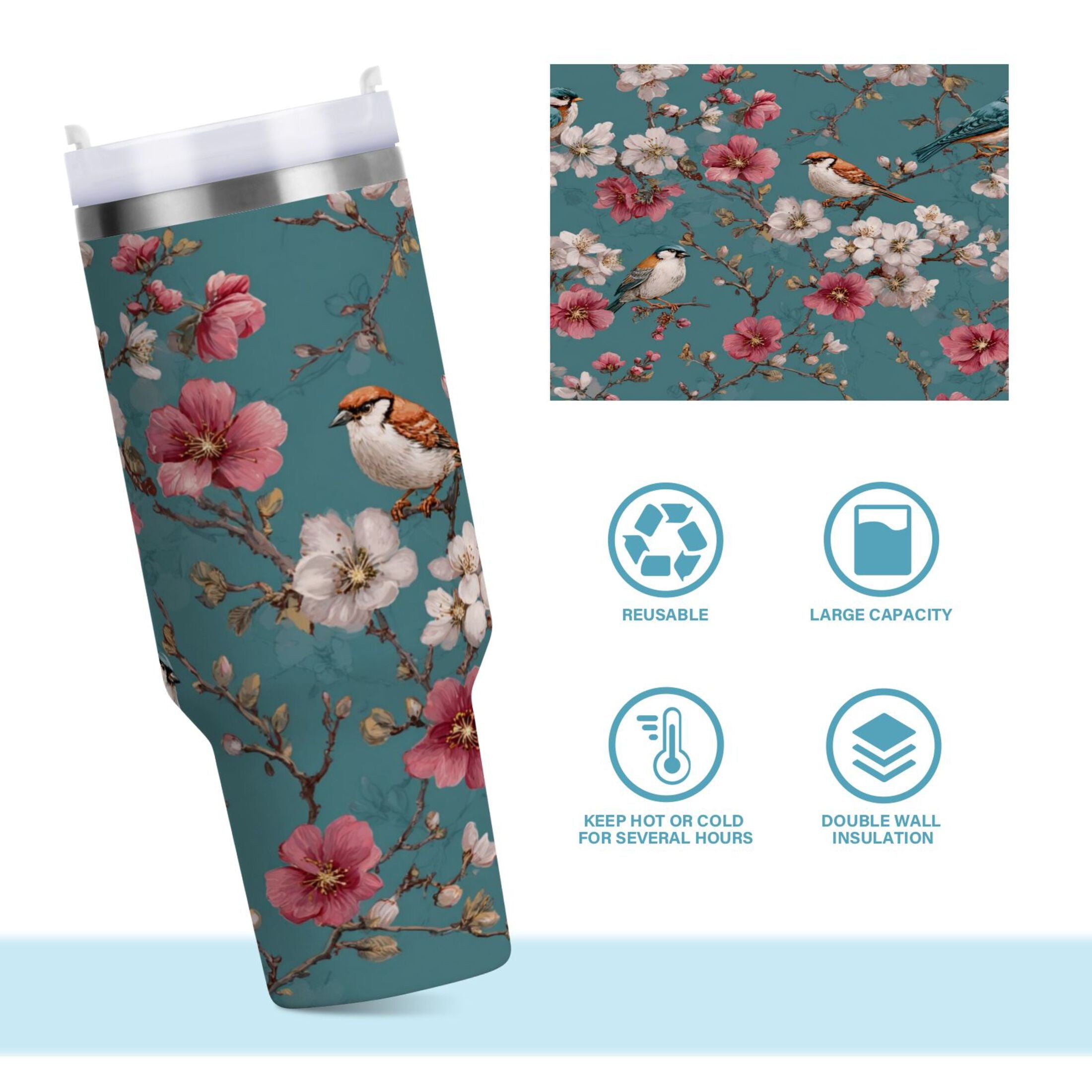30 oz Insulated Stainless Steel Tumbler Double Wall Stainless Steel Tumbler with 2-Way Drinking Birds and Cherry Pattern - N2QS