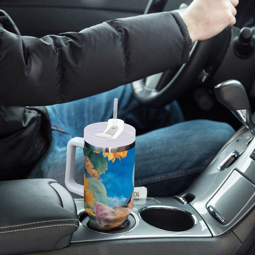 40 oz Insulated Stainless Steel Tumbler Double Wall Stainless Steel Tumbler with 2-Way Drinking Playful Cat Lying Sunflowers - GLDR