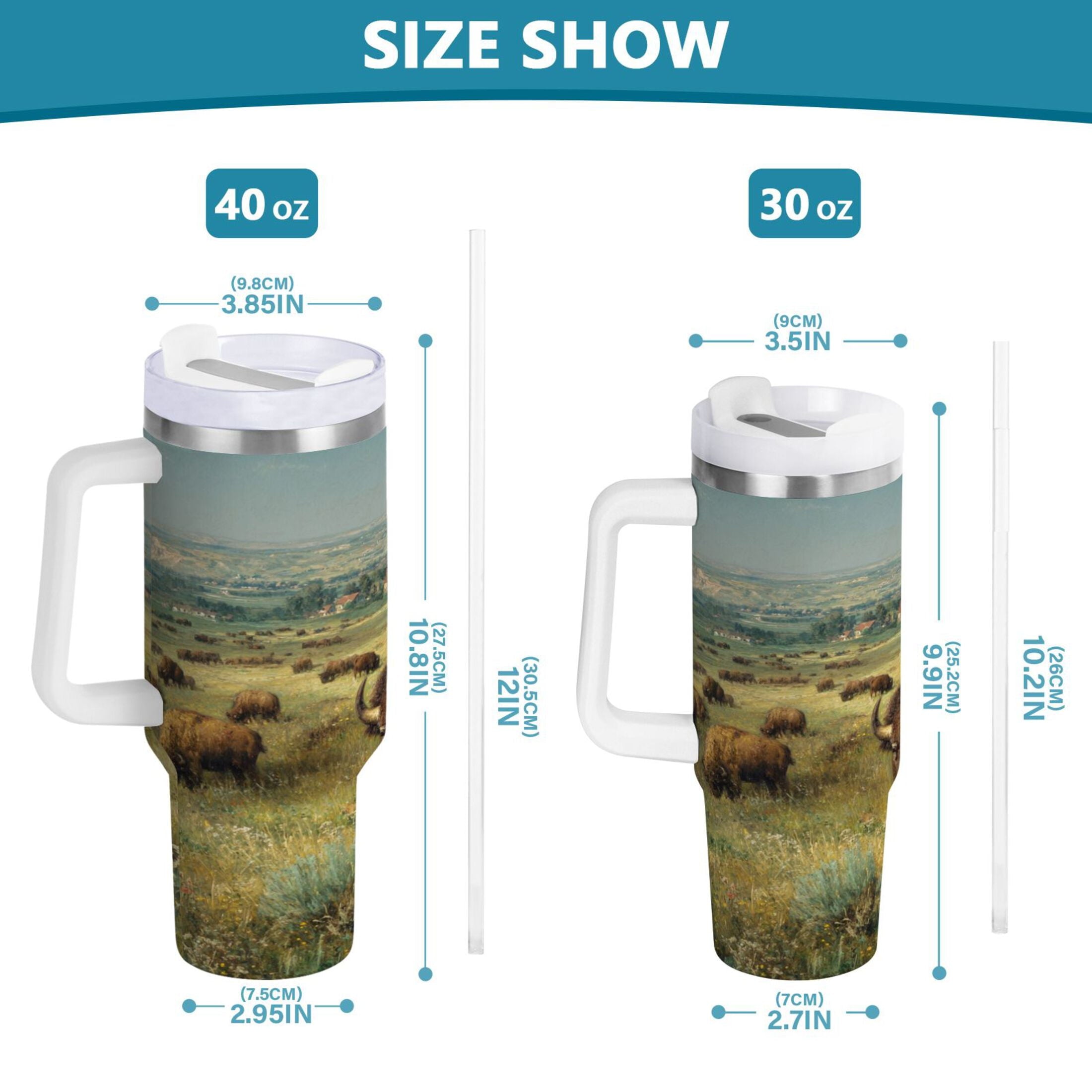 30 oz Insulated Stainless Steel Tumbler Double Wall Stainless Steel Tumbler with 2-Way Drinking Buffalo Herd Oil Painting - I0RD