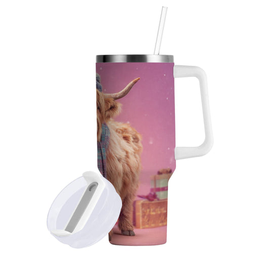 30 oz Insulated Stainless Steel Tumbler Double Wall Stainless Steel Tumbler with 2-Way Drinking Cow Wearing Christmas - U7DI