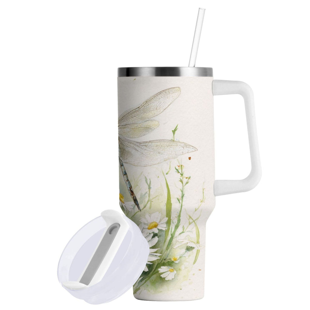30 oz Insulated Stainless Steel Tumbler Double Wall Stainless Steel Tumbler with 2-Way Drinking Dragonflies with White Daisies - GDM9