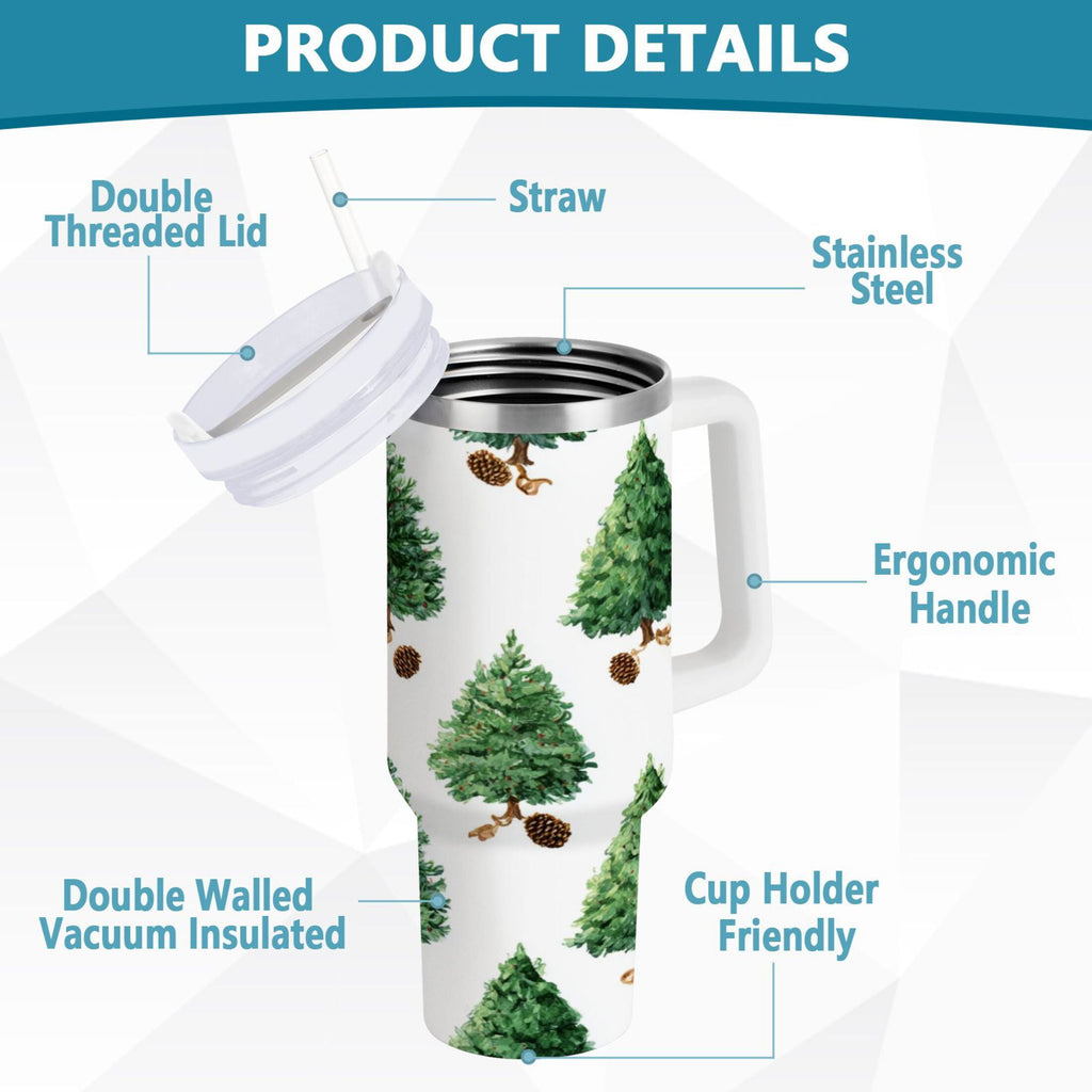 30 oz Insulated Stainless Steel Tumbler Double Wall Stainless Steel Tumbler with 2-Way Drinking Watercolor Green Christmas Tree - QM25