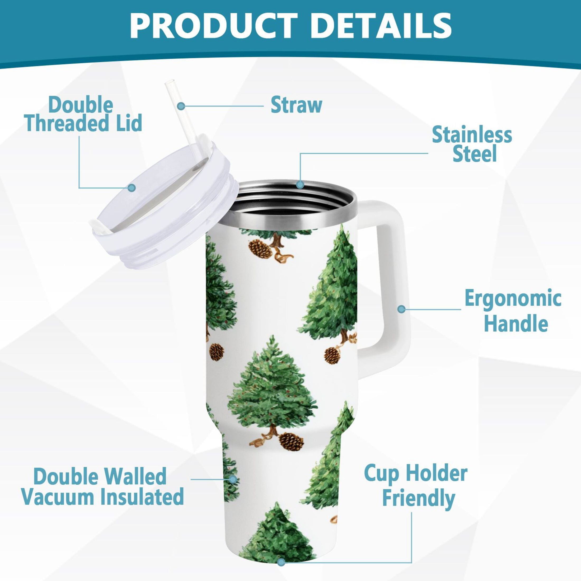 30 oz Insulated Stainless Steel Tumbler Double Wall Stainless Steel Tumbler with 2-Way Drinking Watercolor Green Christmas Tree - QM25