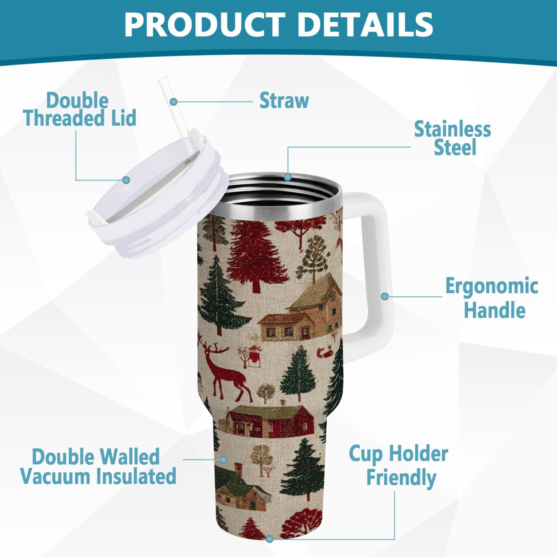 30 oz Insulated Stainless Steel Tumbler Double Wall Stainless Steel Tumbler with 2-Way Drinking Christmas Trees Deer and Houses - NPZW