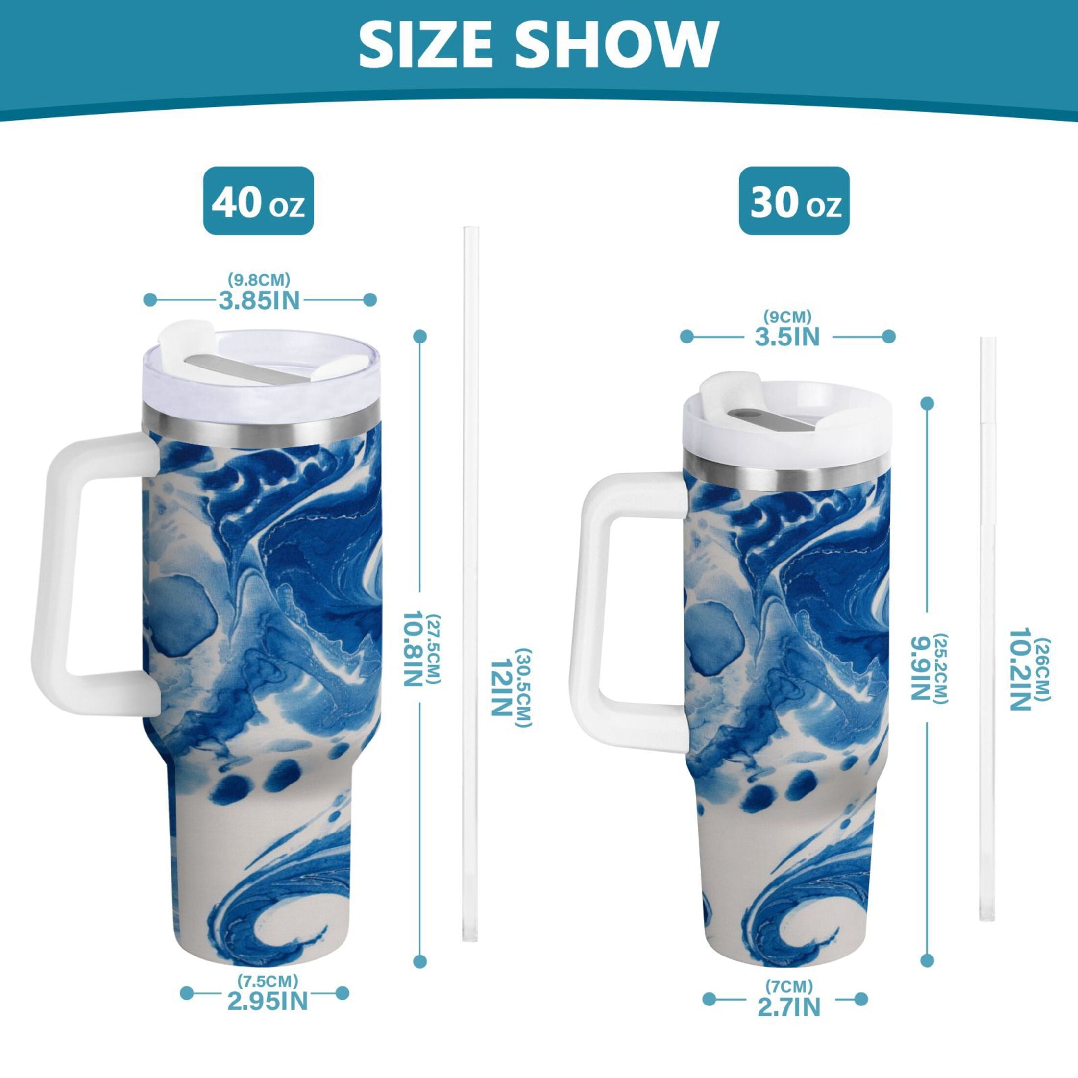 40 oz Insulated Stainless Steel Tumbler Double Wall Stainless Steel Tumbler with 2-Way Drinking Indigo Blue Tie-dye Pattern - 4RJH