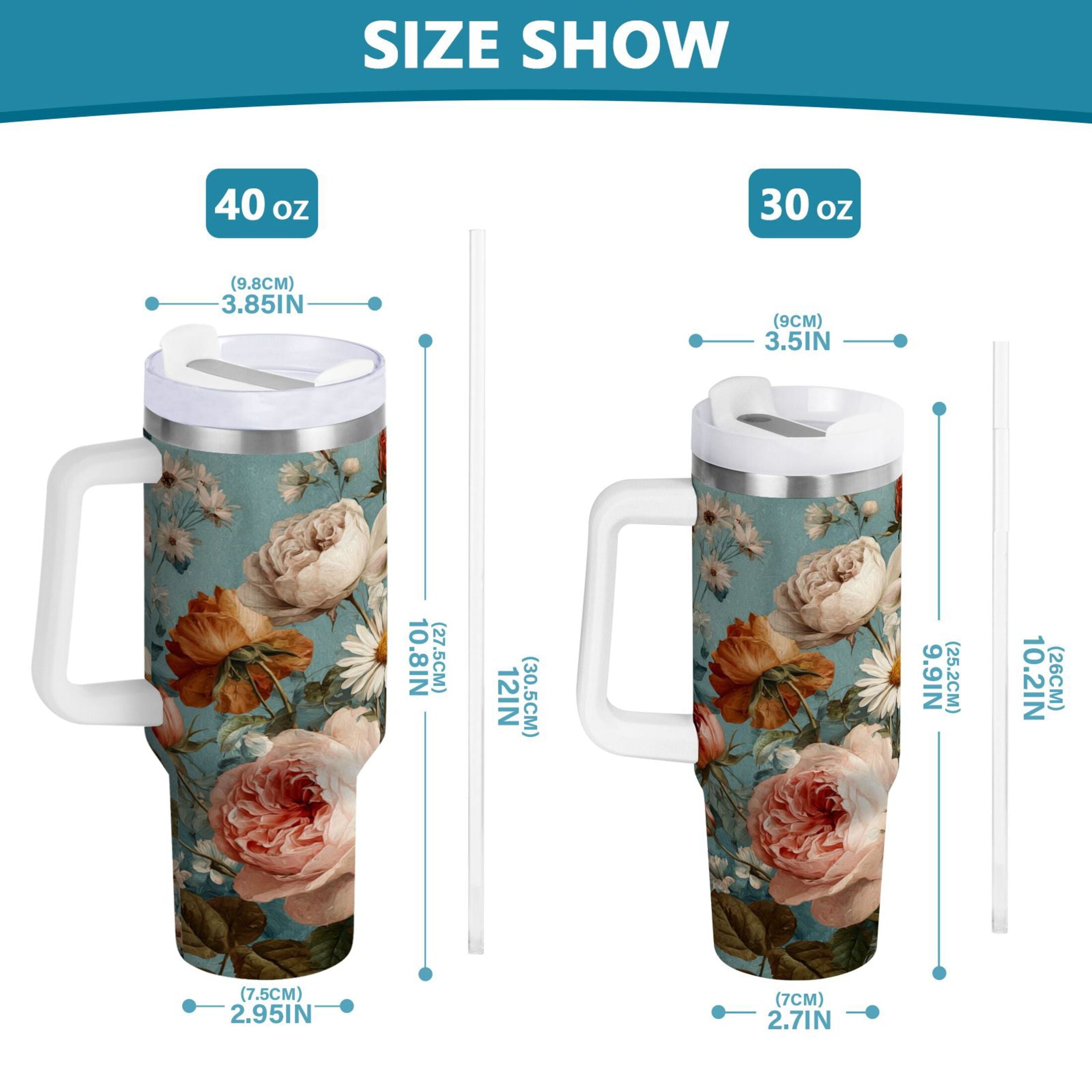 30 oz Insulated Stainless Steel Tumbler Double Wall Stainless Steel Tumbler with 2-Way Drinking Vintage Roses and Peonies - DZ0L