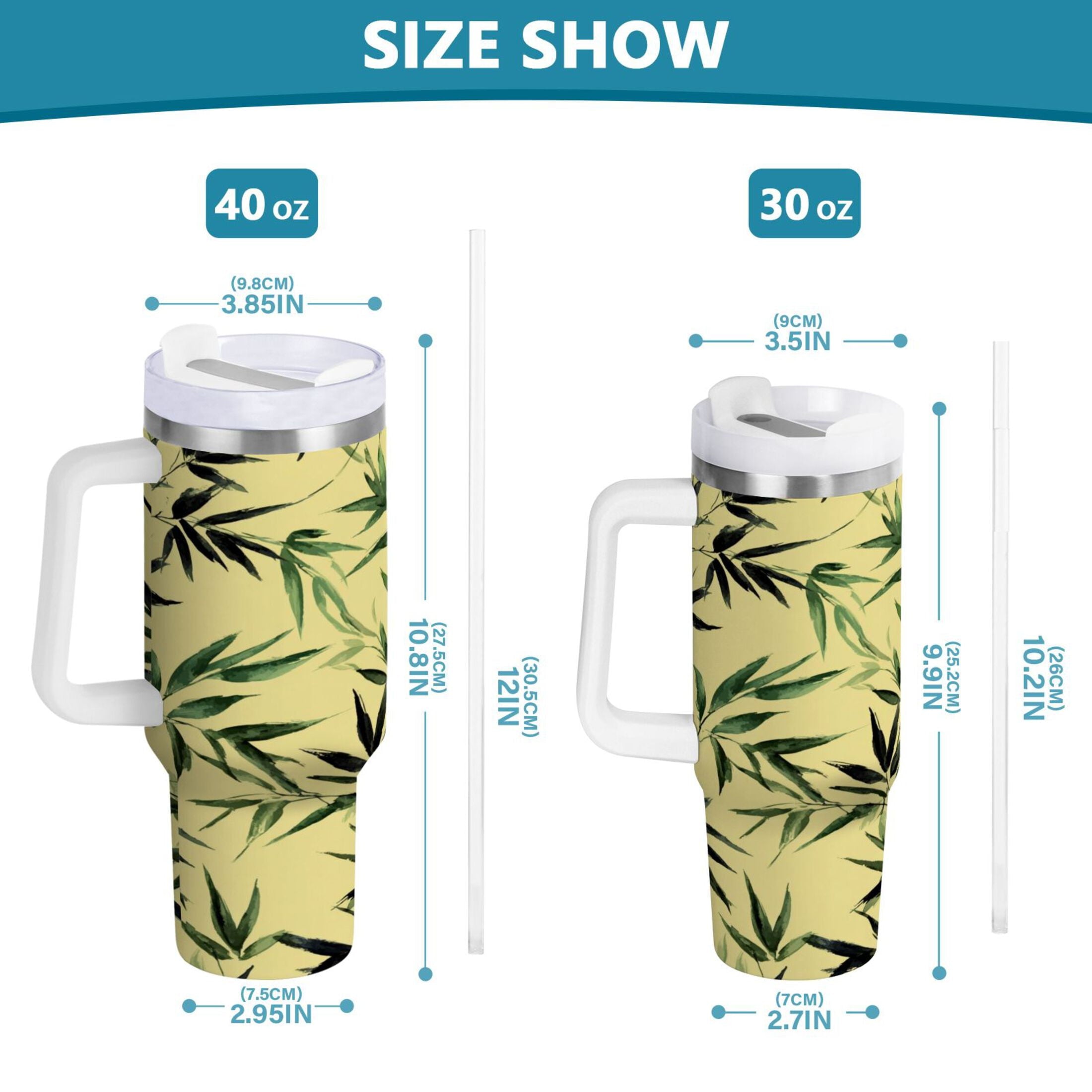 30 oz Insulated Stainless Steel Tumbler Double Wall Stainless Steel Tumbler with 2-Way Drinking Bamboo and Green Leaves - X1QJ