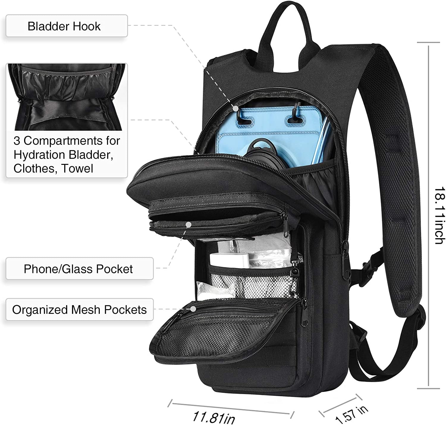 Brightify 17L Hydration Backpack with 3L TPU Water Bladder, Camel Backpack Hydration Pack for Hiking Hunting Climbing Cycling Biking Running, Molle Compatible Water Backpack for Men Women, Black - 6GYZ