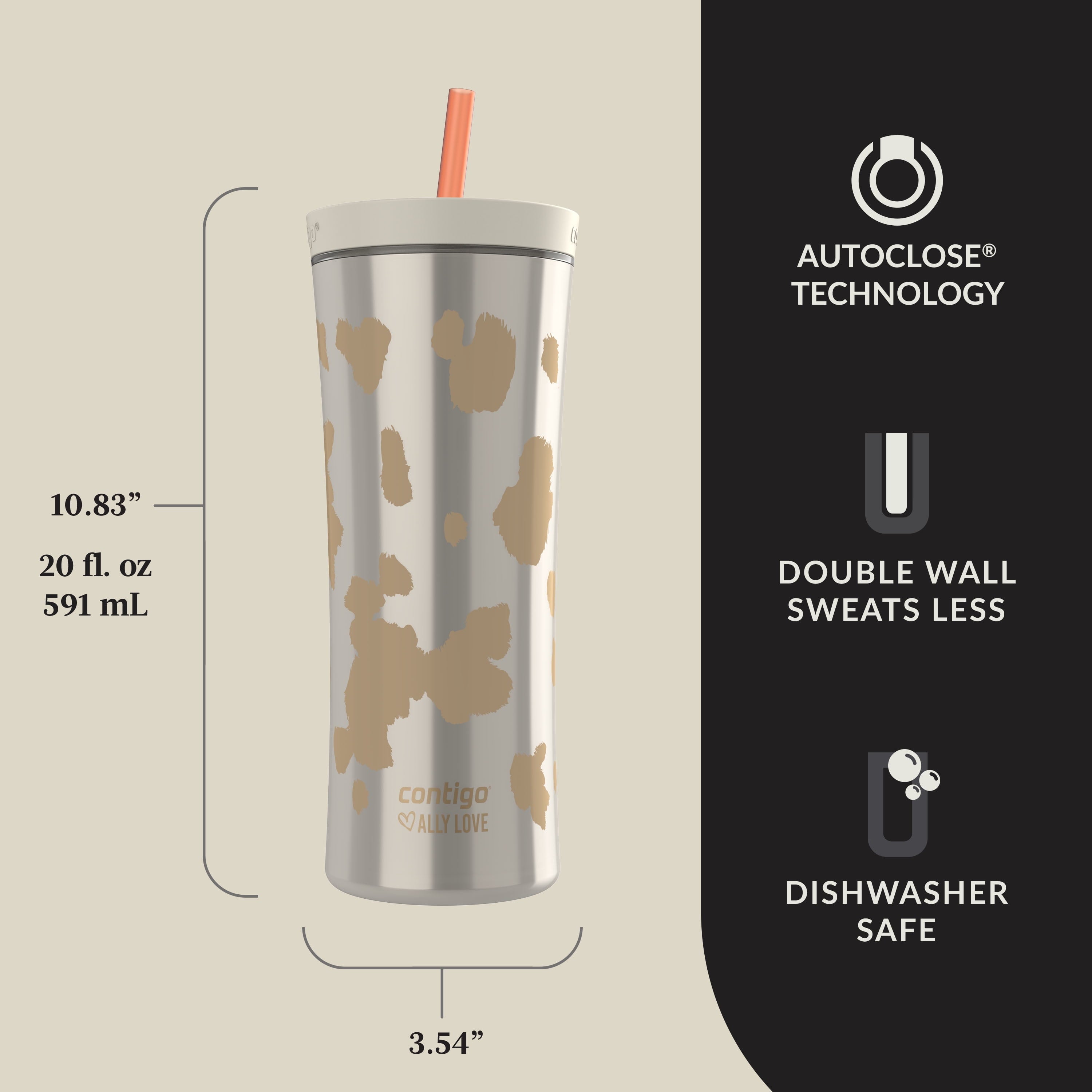 Contigo 20oz Shake &amp; Go Tumbler, Plastic with Straw, Oatmilk Cowhide Couture - NZ5G